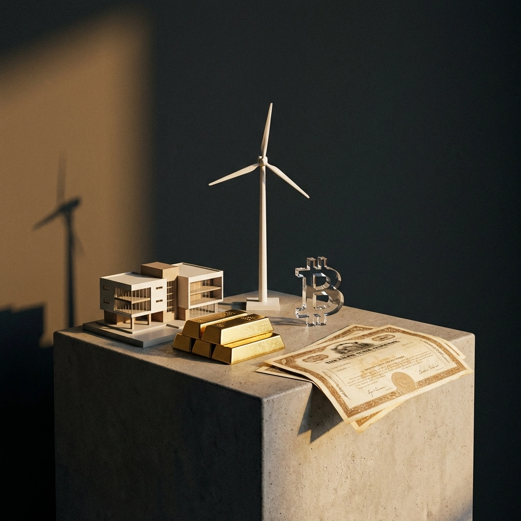 Still life of investment assets including gold, real estate, bitcoin, and wind energy, showcasing alternative investment diversity.
