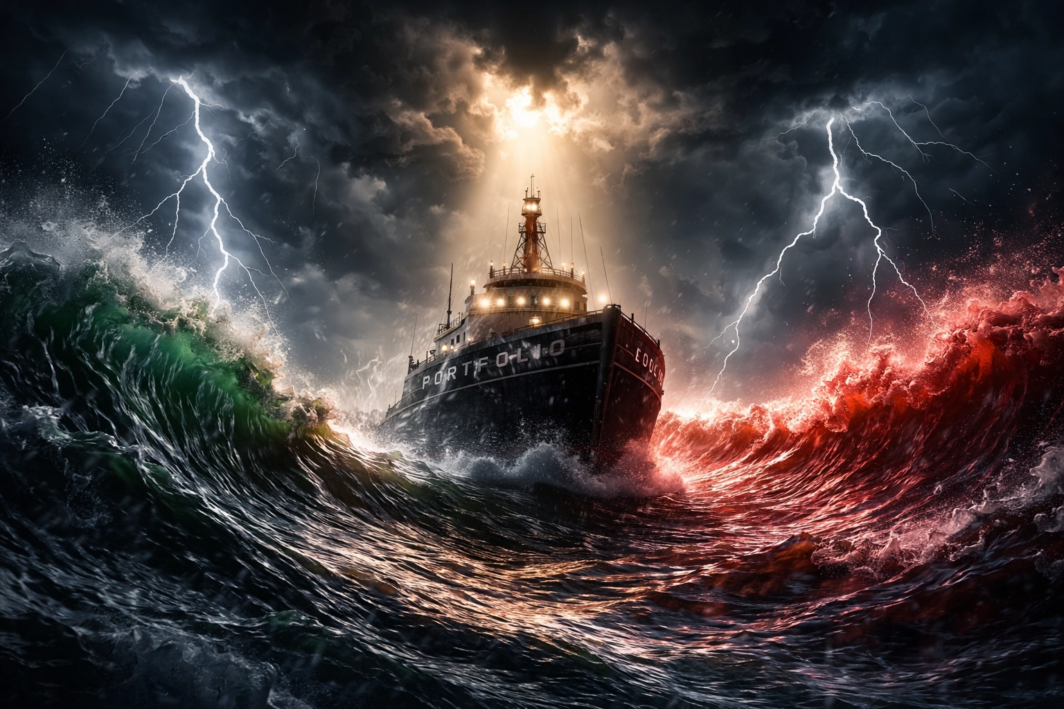 A ship braves a financial storm with waves symbolizing market volatility, highlighting the risks of the 60/40 portfolio in 2022.