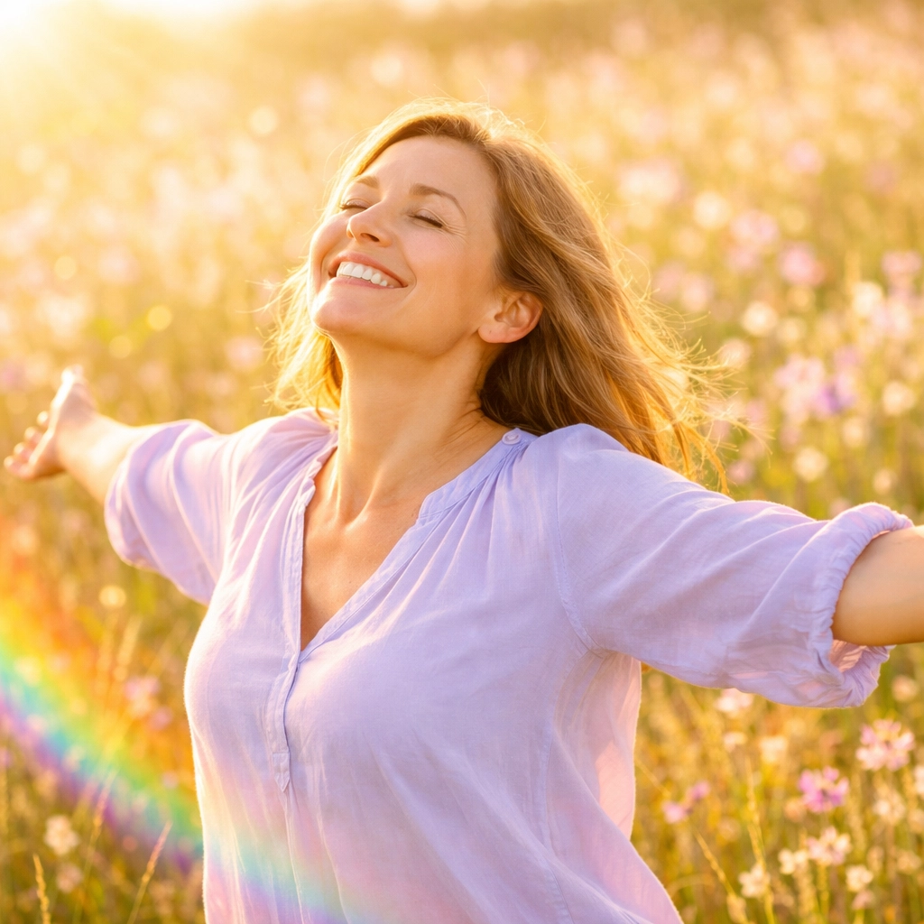 A joyful woman feeling relief and authenticity after coming out as a lesbian later in life.