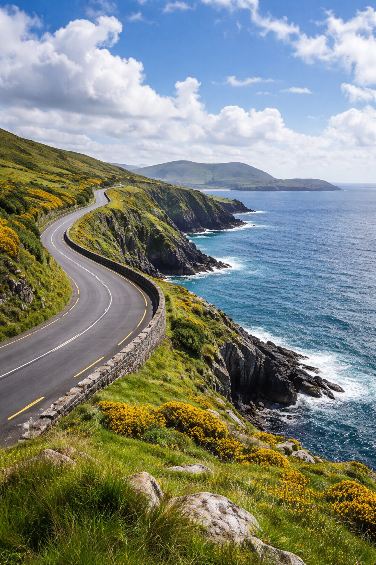 Ring of Kerry scenic coastal road with cliffs, ocean, and wildflowers, great for after-work adventure in Kenmare.
