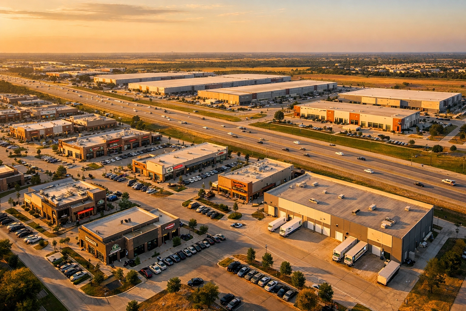 Aerial view of North Texas commercial real estate development along major highway corridor