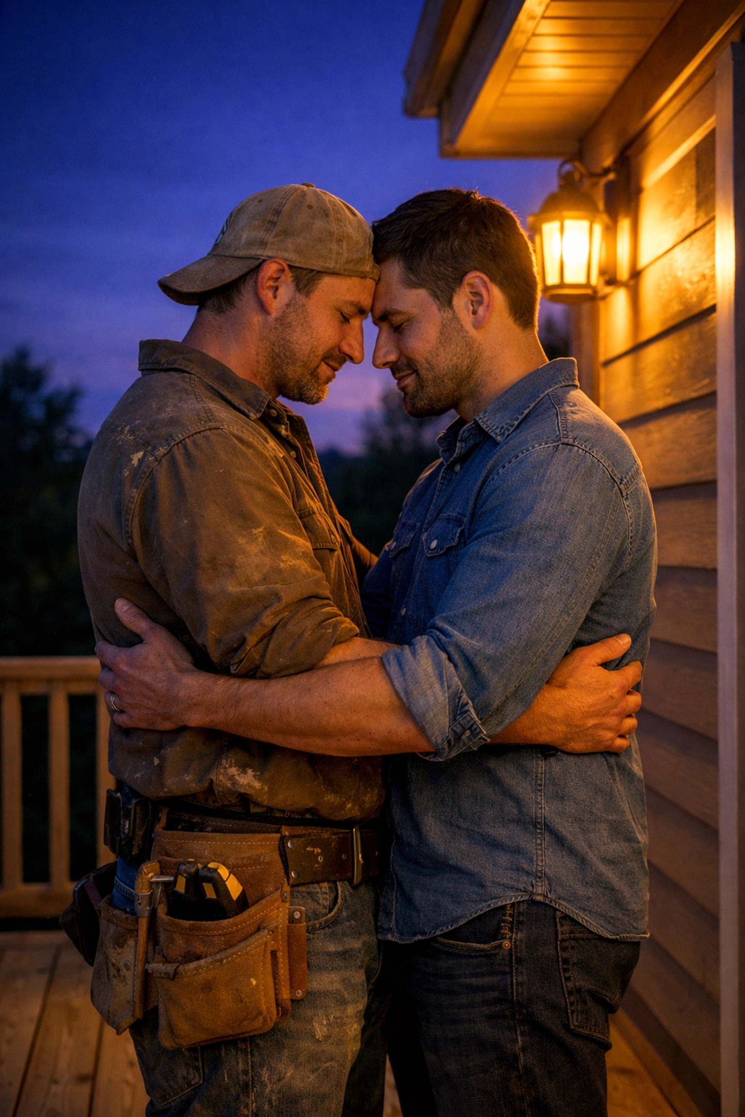 Two men in a romantic embrace on a porch at twilight, concluding a heartfelt MM romance story.