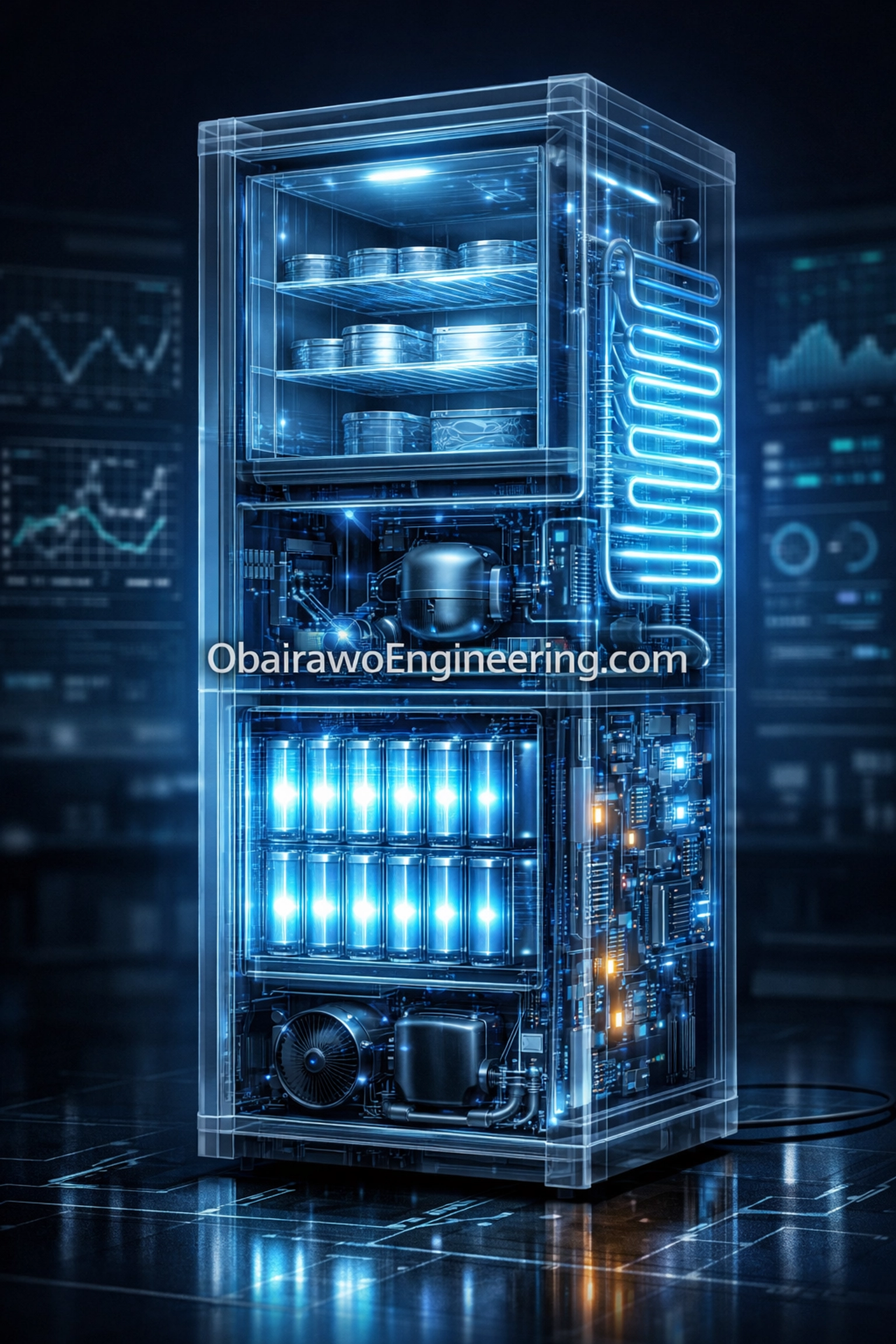 Advanced energy storage and precision cooling technology inside the Obairawo self-powering standing freezer.