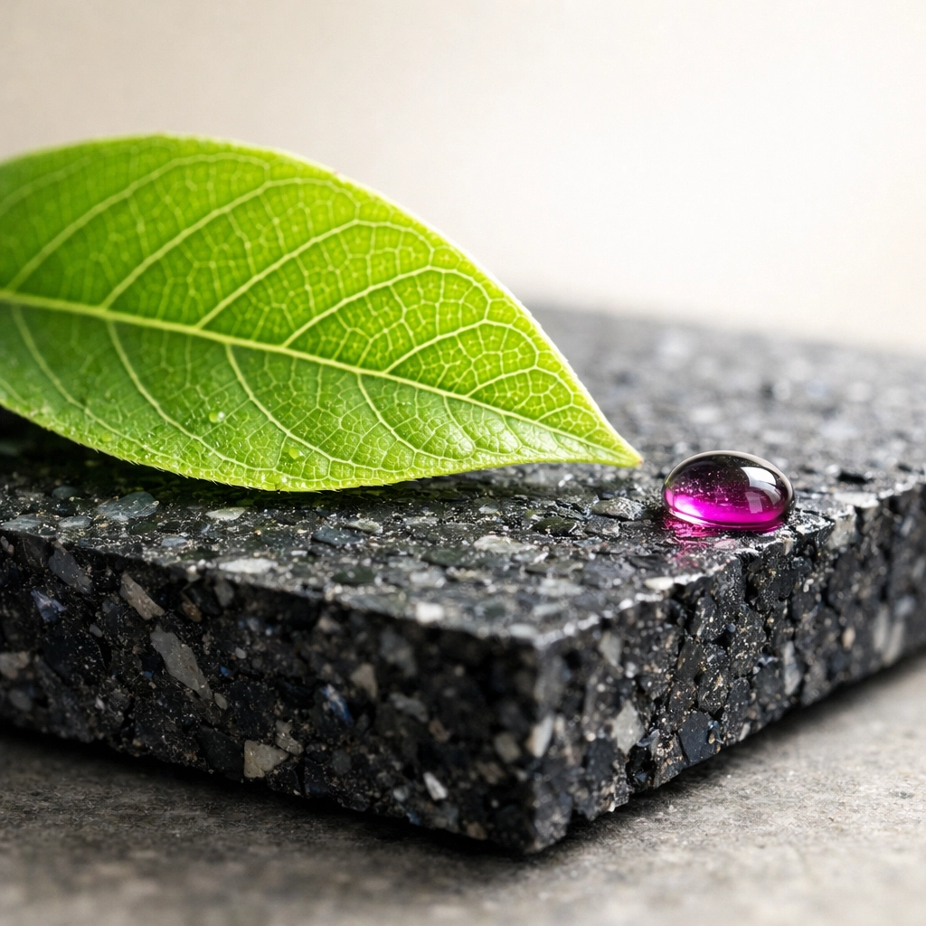 A green leaf resting on textured recycled plastic to illustrate the environmental impact of sustainable manufacturing.