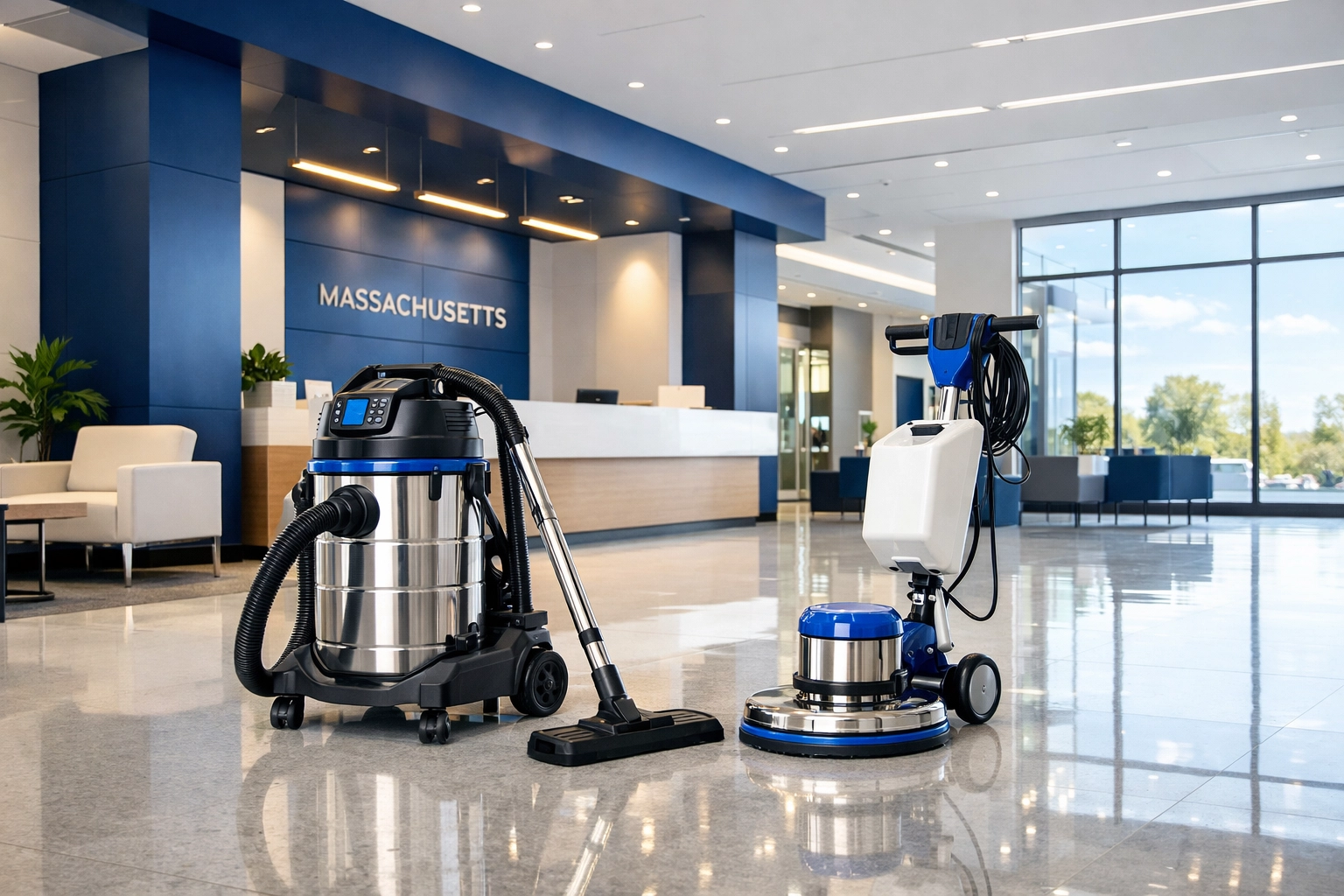 Industrial-grade commercial cleaning equipment in a polished Leominster office lobby after a professional service.