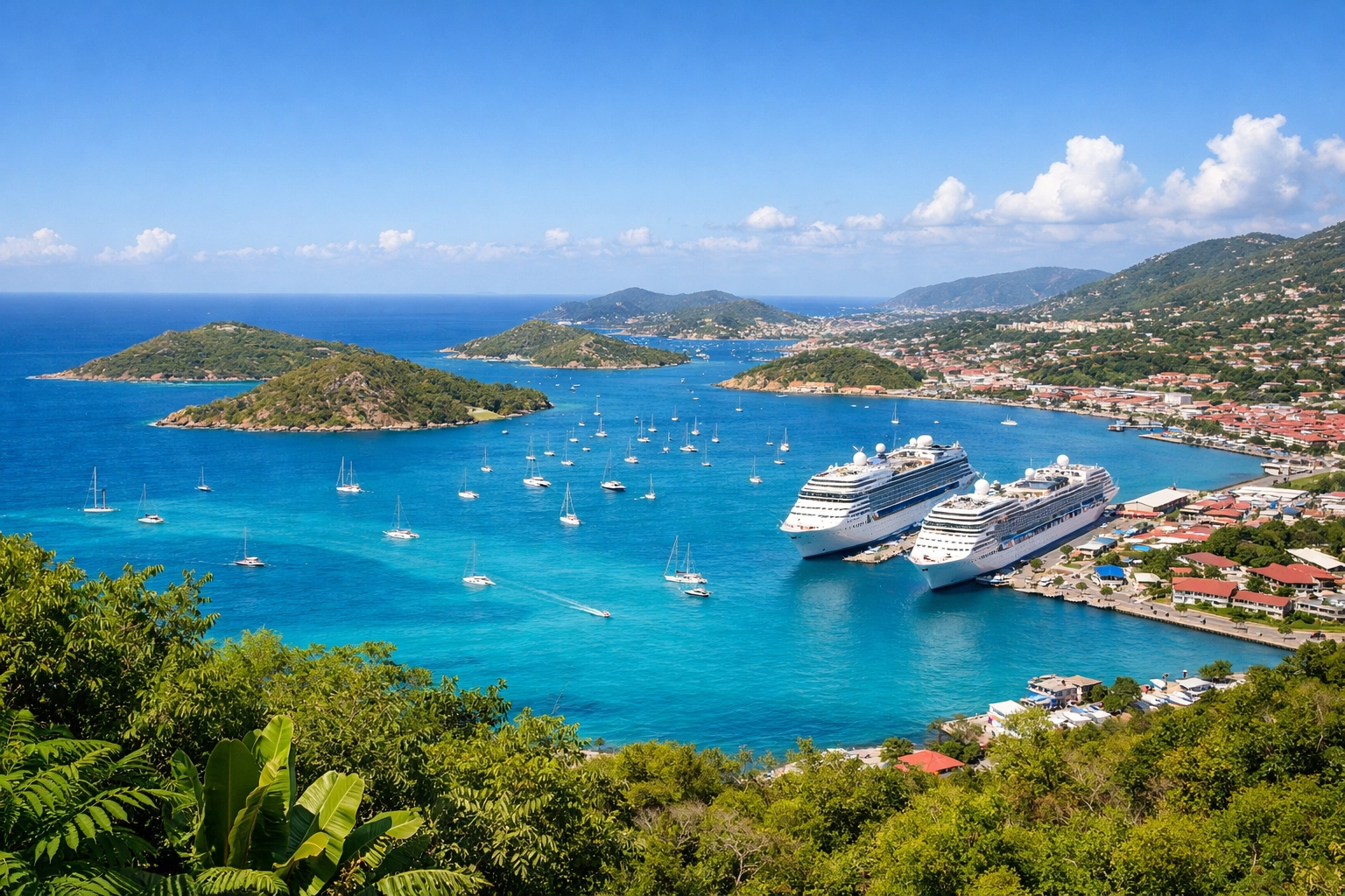 High-view St. Thomas harbor shot from a hillside lookout, a calm setting for workforce housing in the usvi.