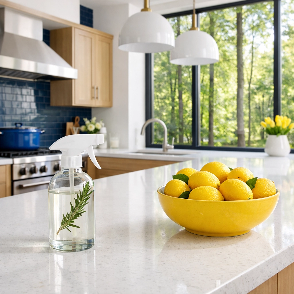Eco-friendly luxury house cleaning in Lincoln using natural products in a bright modern kitchen.