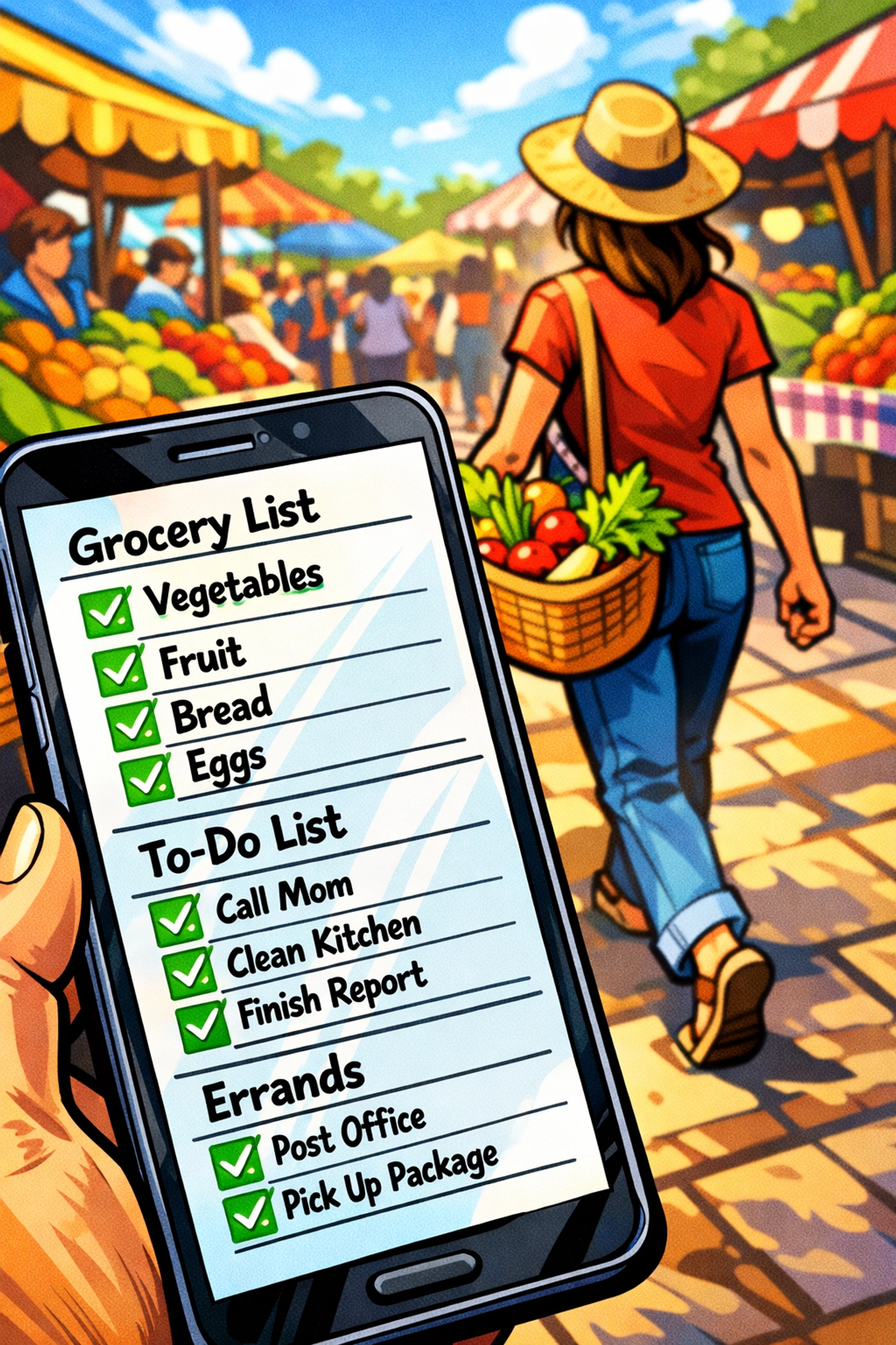 AI virtual assistant organizing tasks on phone while business owner enjoys weekend shopping