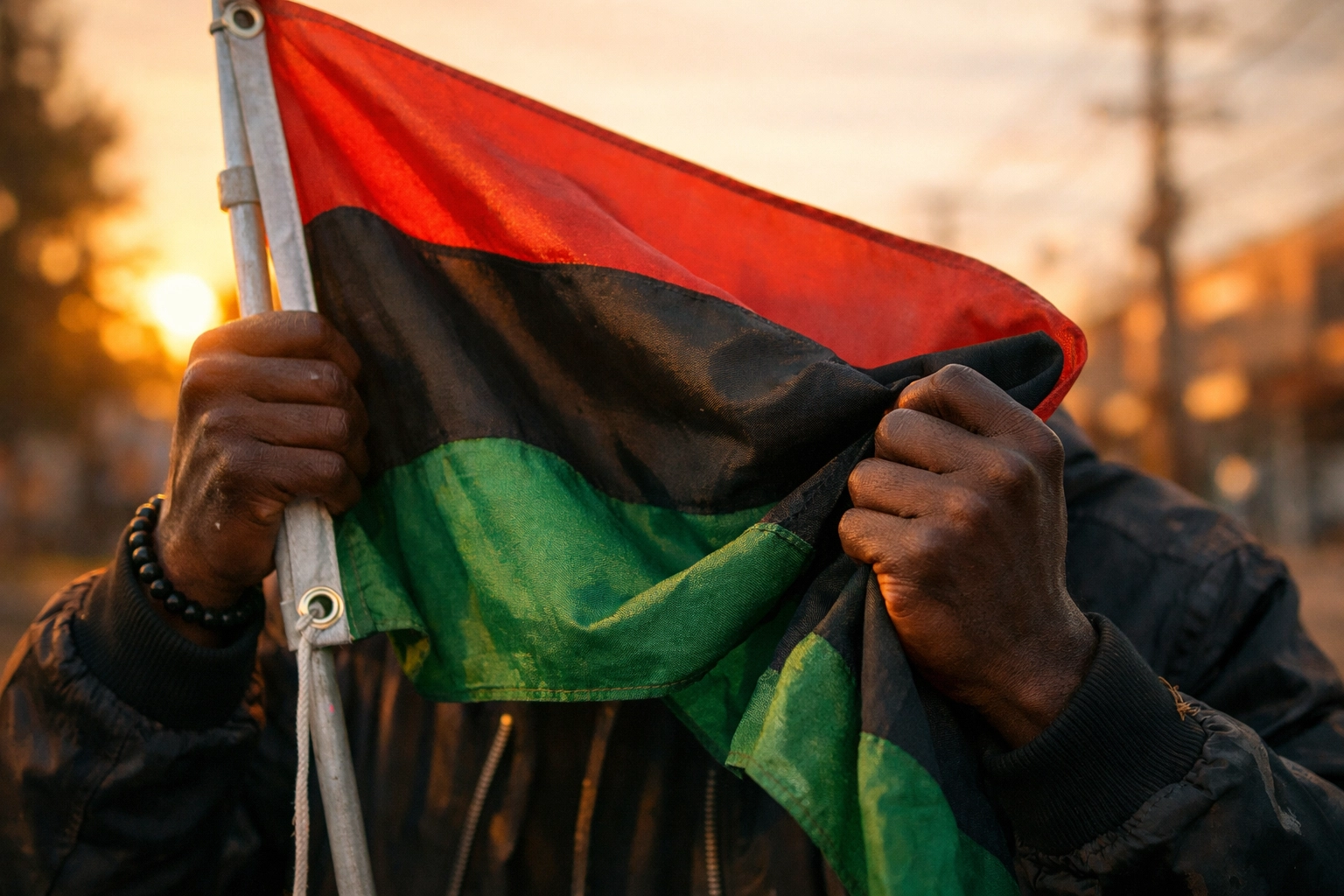 Black hands holding a Pan-African flag with red, black, and green stripes, representing unity and cultural pride