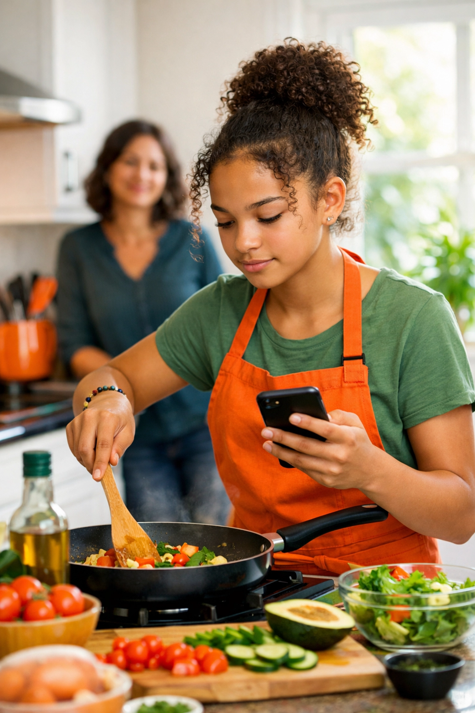 Teenage girl practicing cooking skills with parent observing in kitchen