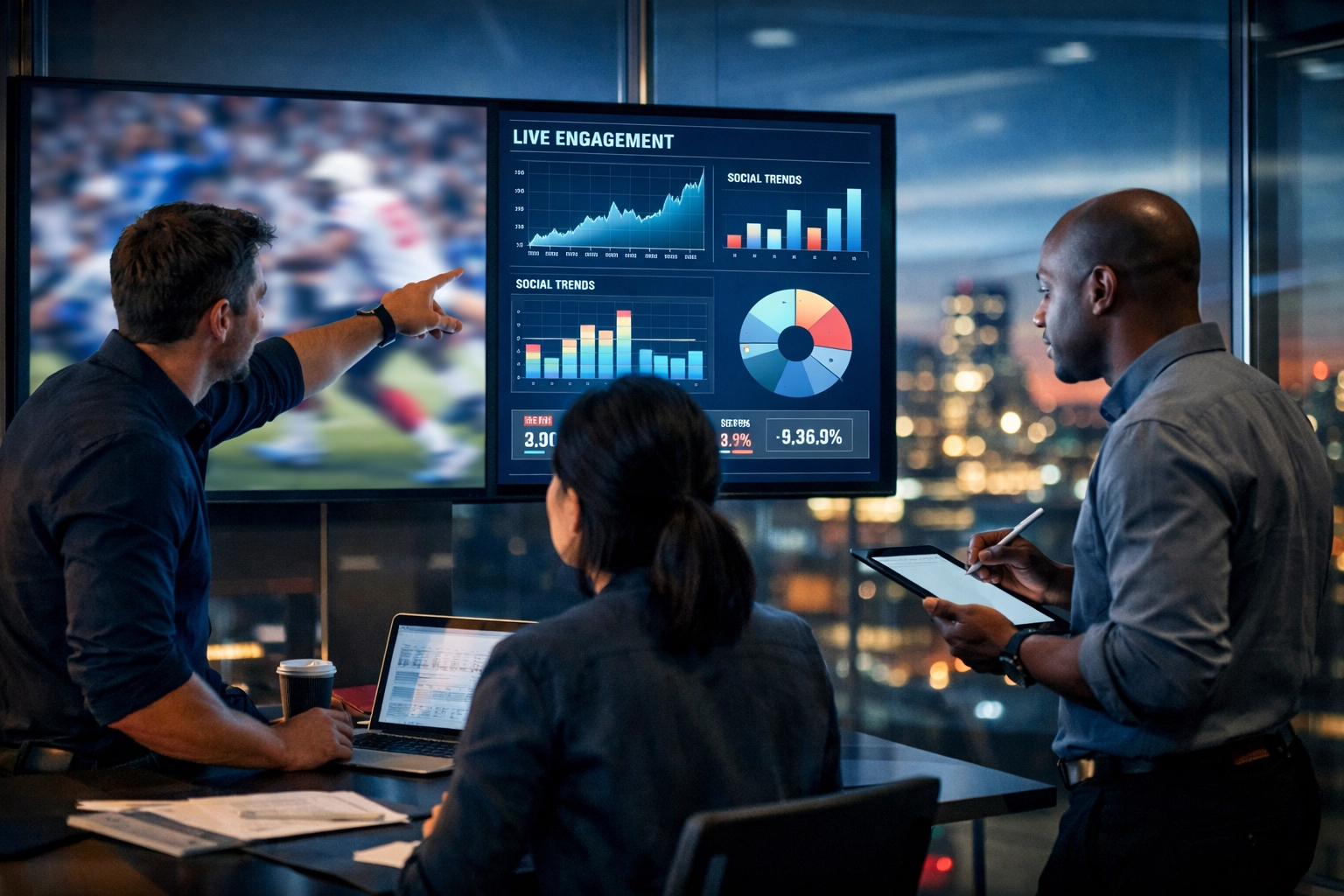 Marketing team analyzing real-time sports data and engagement metrics during a Super Bowl brand campaign.