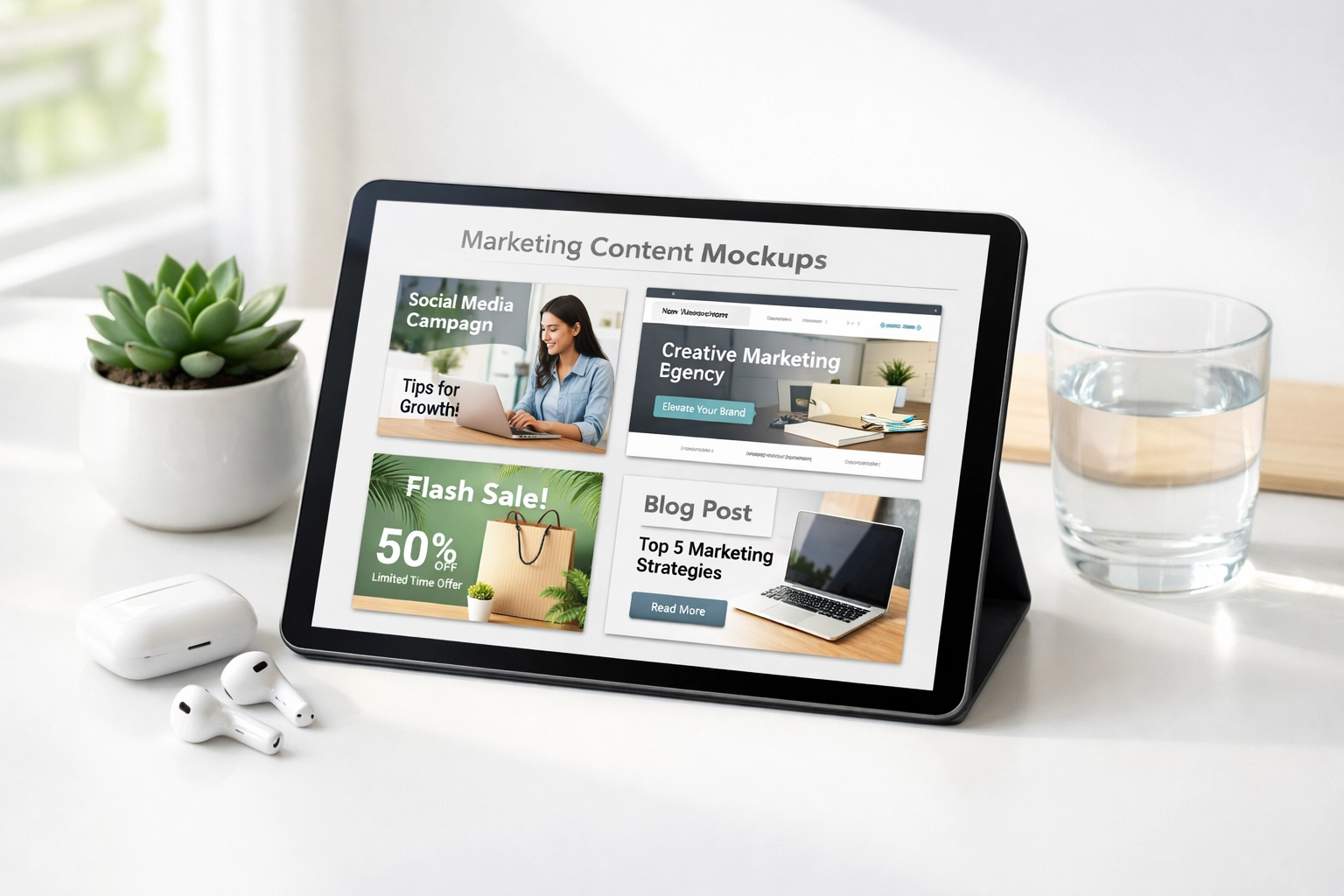 Digital tablet showing marketing content tools for cleaning business growth