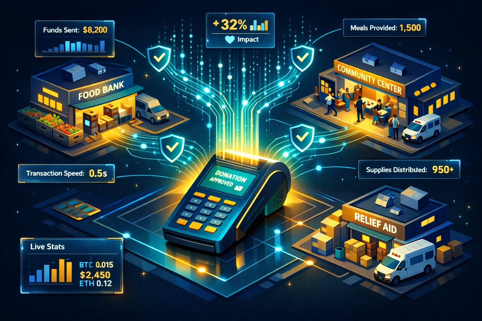 Automated social impact payment system connecting transactions to food banks and relief organizations