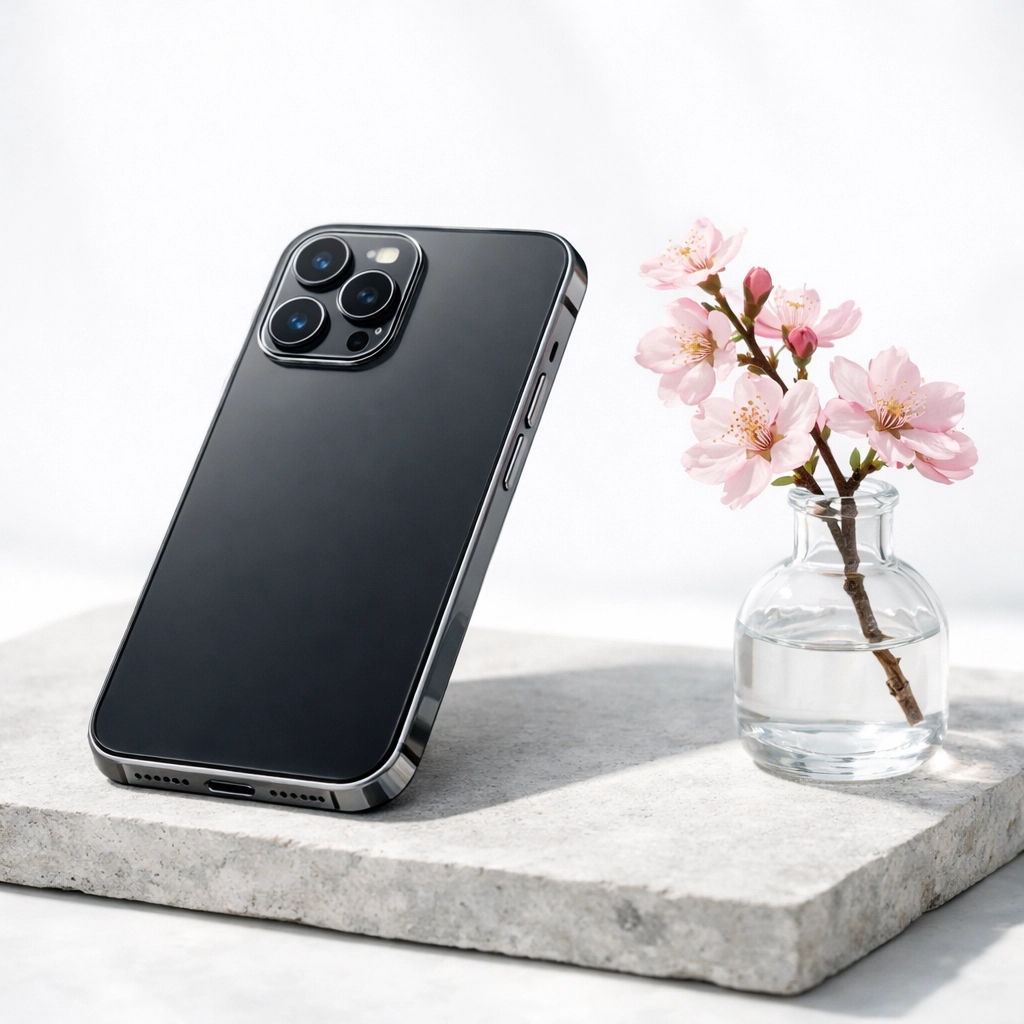 A sleek smartphone next to spring cherry blossoms, ideal for a seasonal tech upgrade.