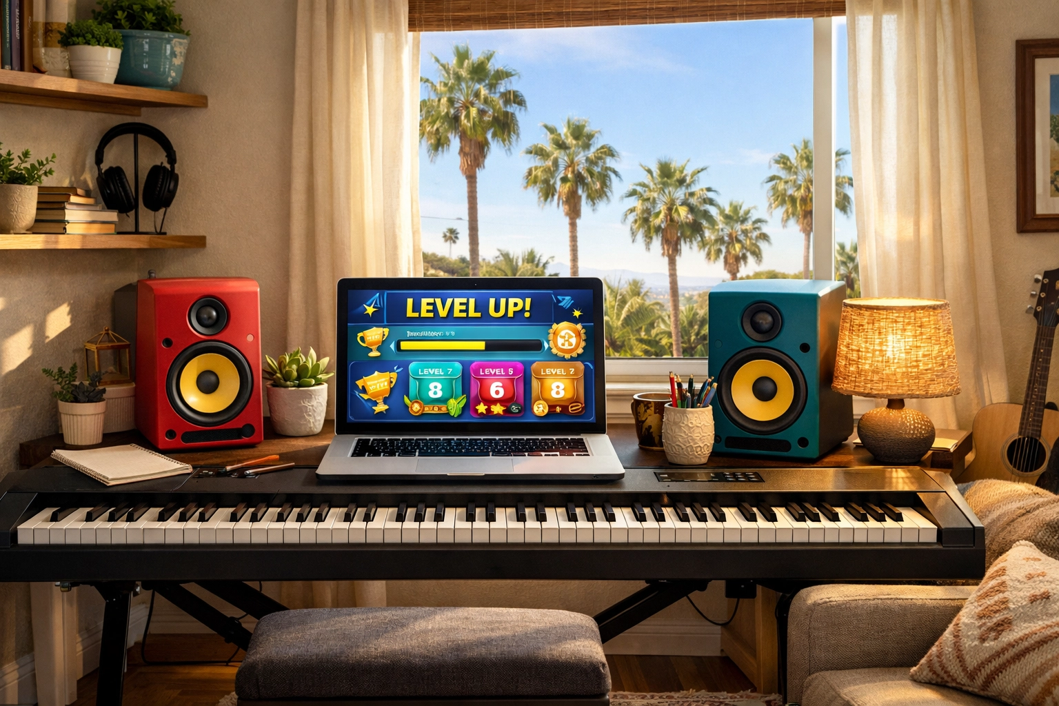 A modern home piano setup for in-home music lessons in Corona and Eastvale with a gamified learning screen.