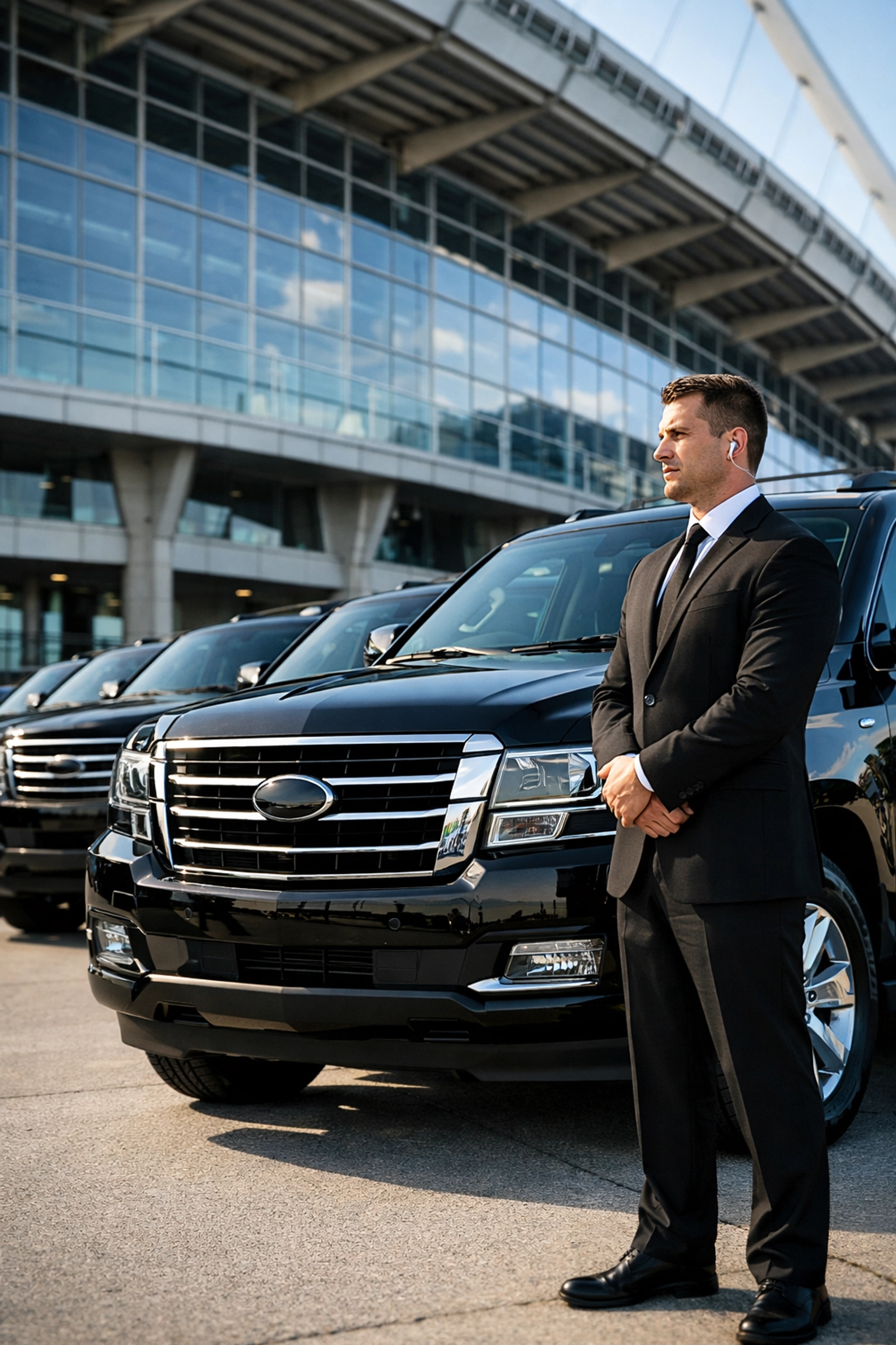 Luxury corporate transportation and VIP security detail ensuring seamless logistics at a Super Bowl event.