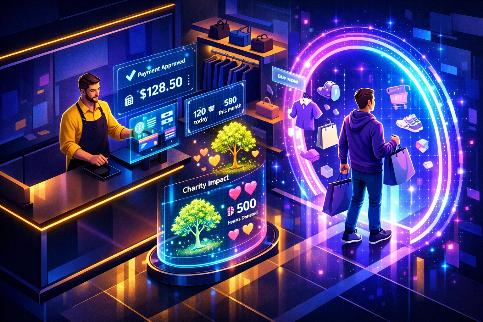 Metaverse commerce with merchant using Larecoin payment interface for physical and digital transactions