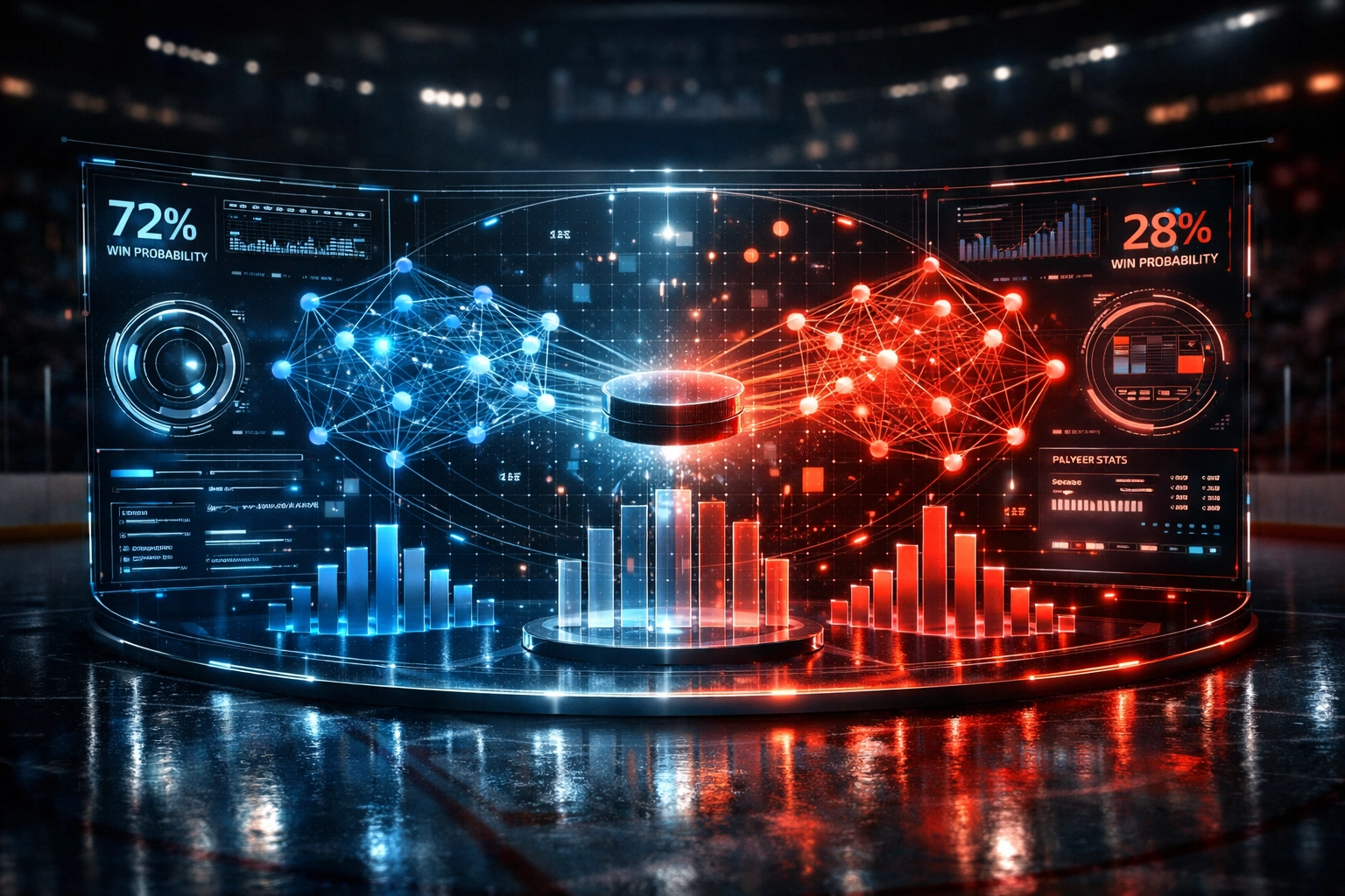AI hockey score forecast showing win probability and data analytics for the Hurricanes and Maple Leafs game.