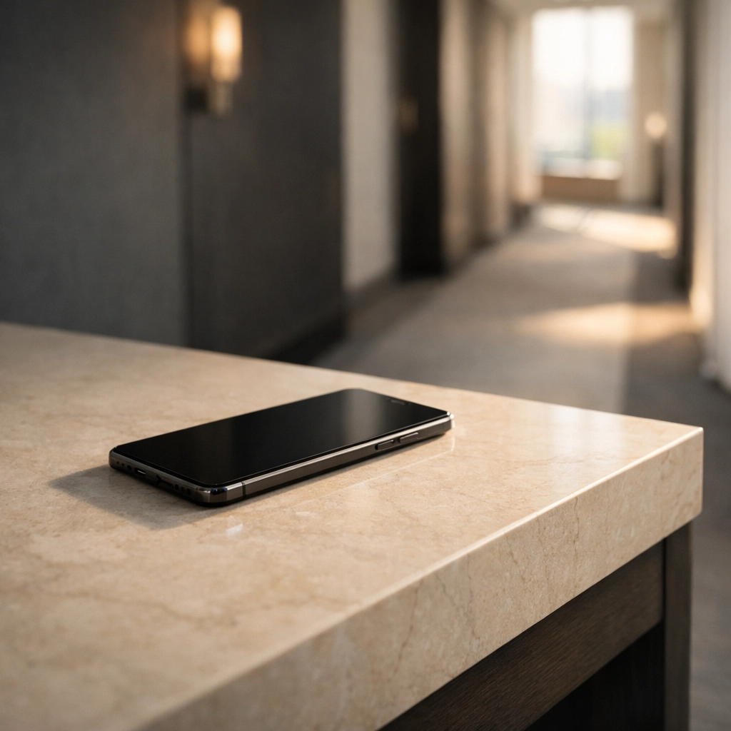 Smartphone on a hotel console representing streamlined digital housekeeping status updates.