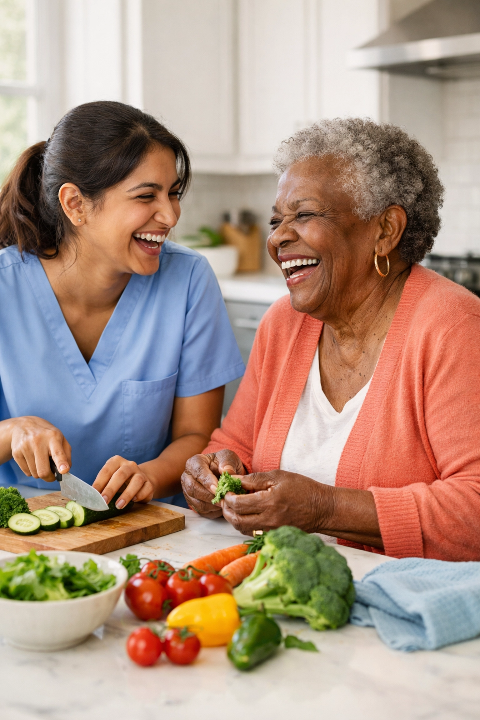 Home care companion helping senior with meal preparation and daily activities