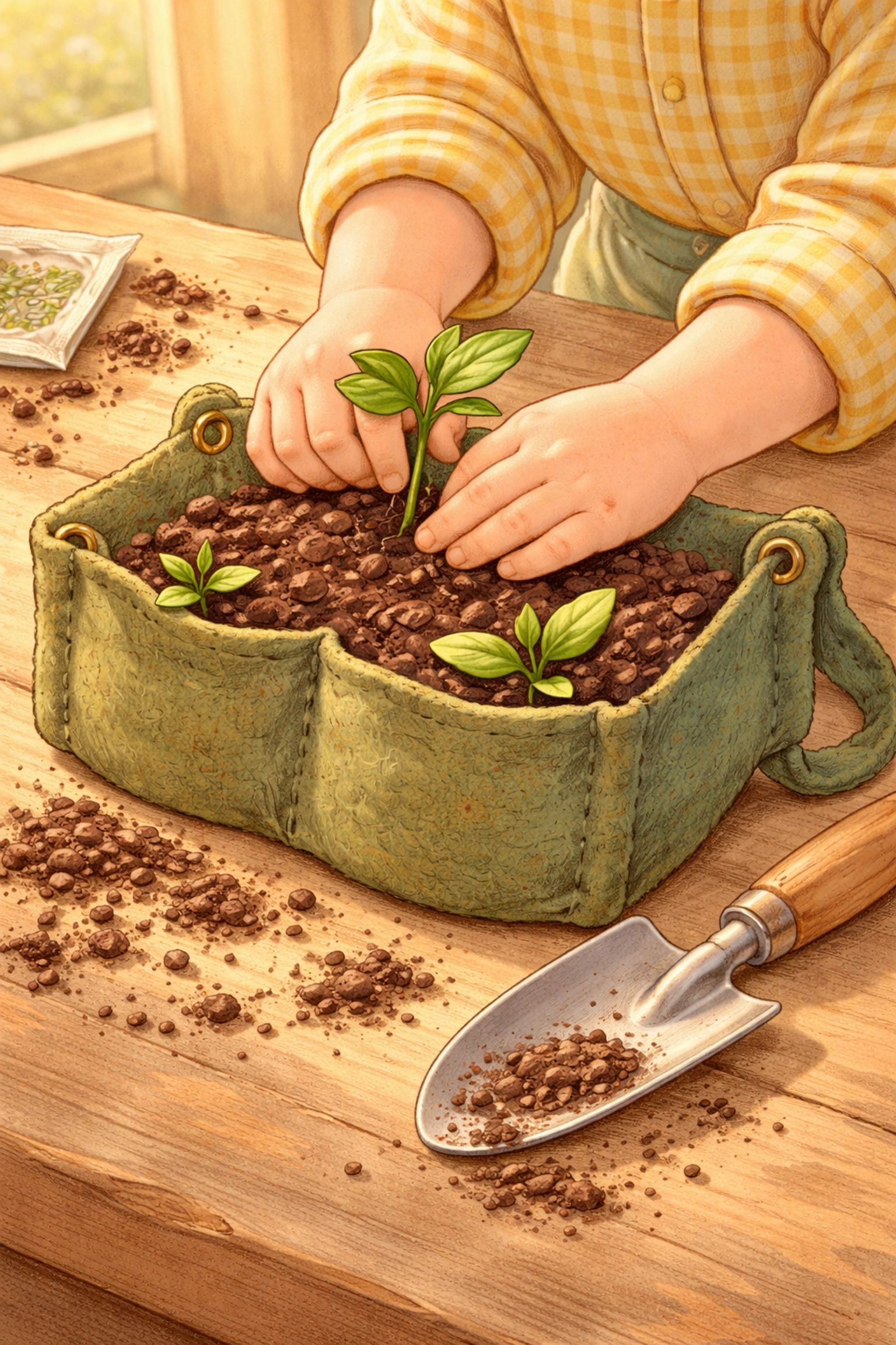 Playful drawing of a child’s hands planting a seedling into a felt pocket garden, encouraging kids’ involvement in growing food.