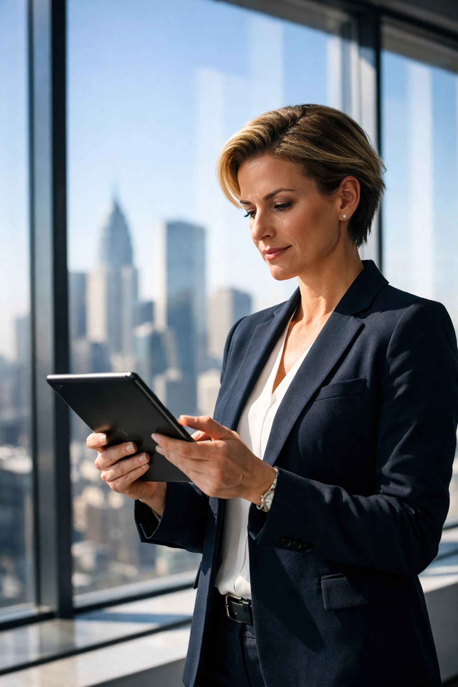 Corporate executive reviewing modern tech talent sourcing strategies in a professional office.