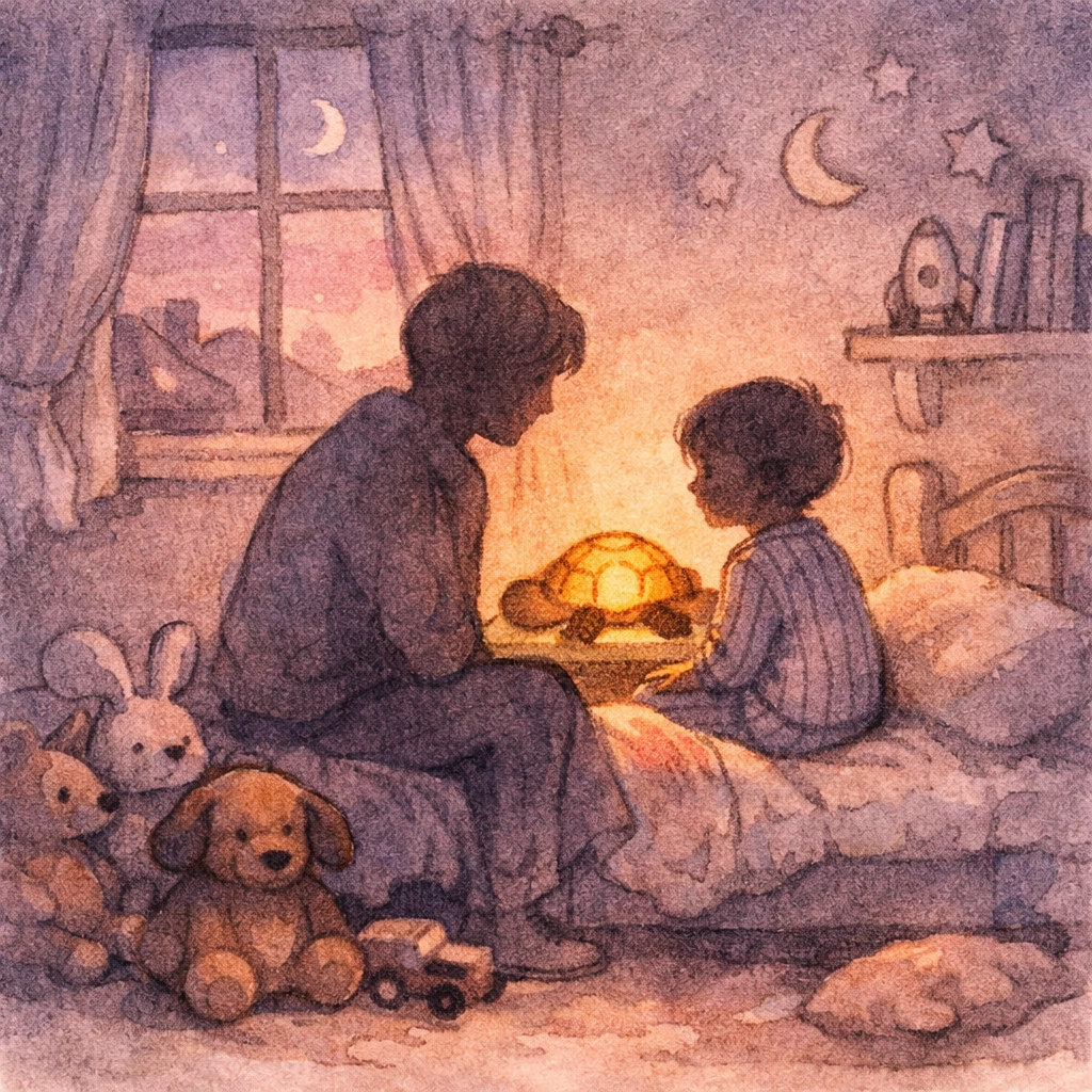 Parent sitting beside child at bedtime in cozy room with nightlight during evening reflection