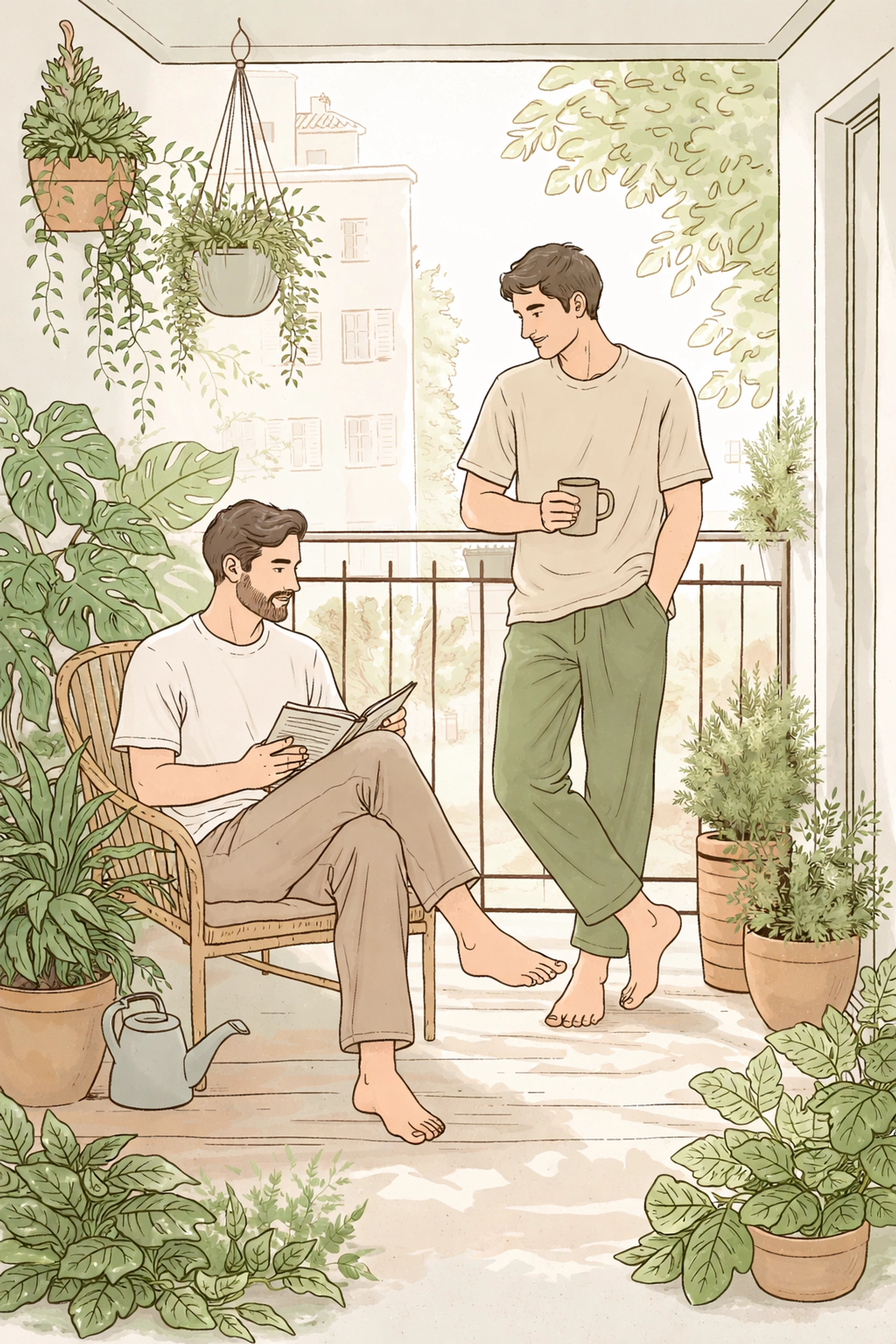 Two men relaxing together on a balcony filled with plants, conveying naturist comfort and authentic daily living.