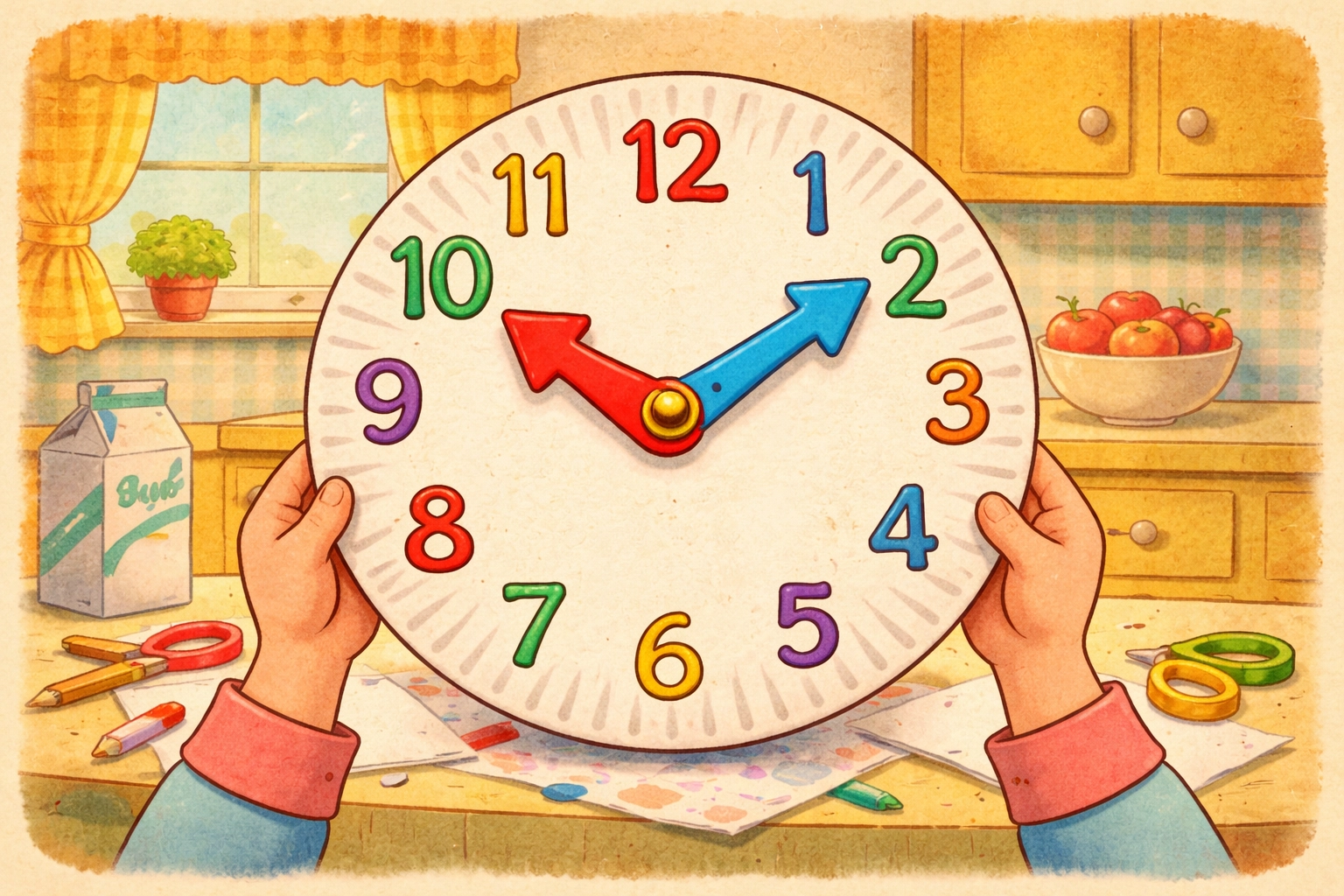 Completed paper plate clock held by child hands, showing handmade numbers and colorful movable hands for teaching time