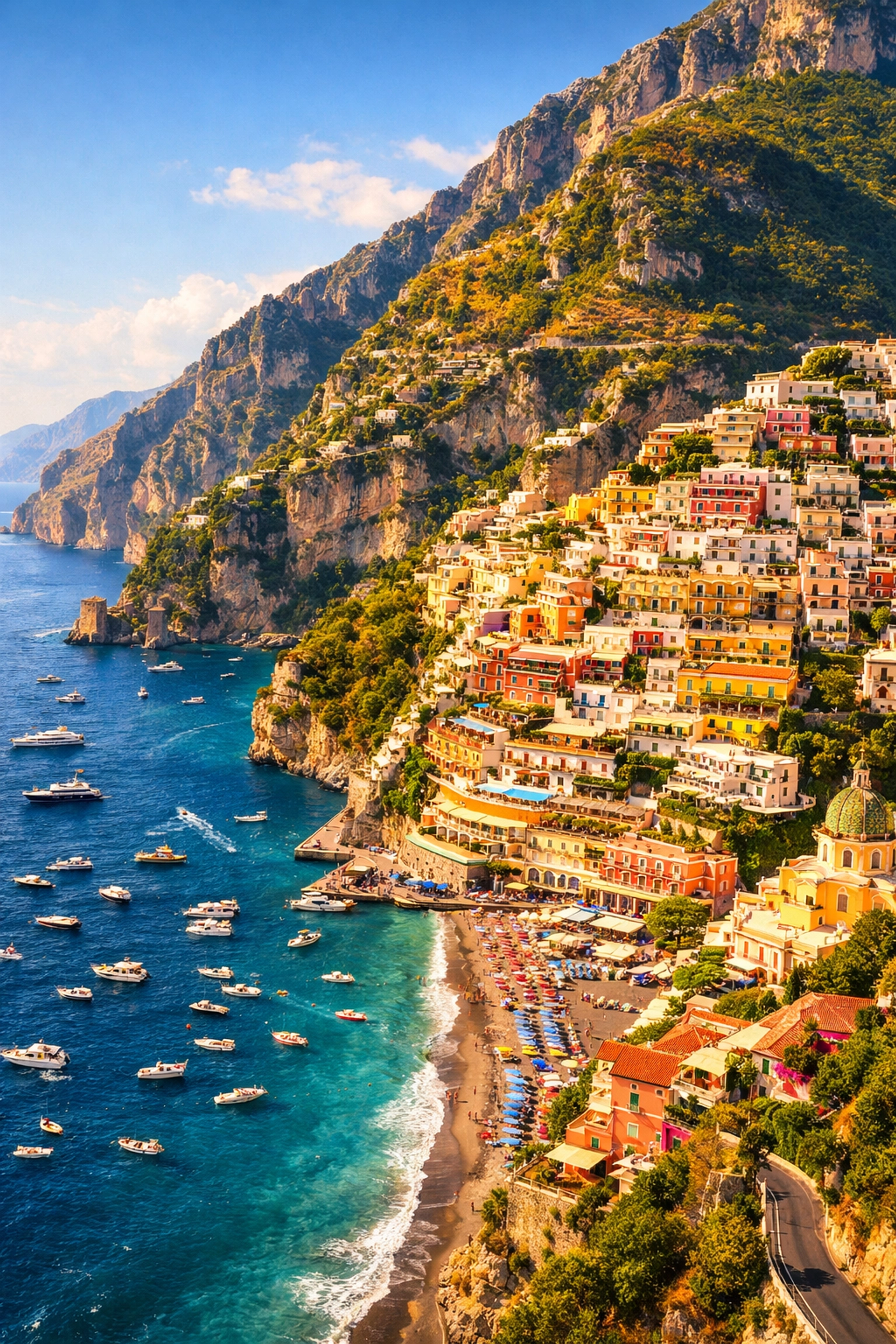 Aerial view of Positano village on Amalfi Coast with colorful cliffside buildings
