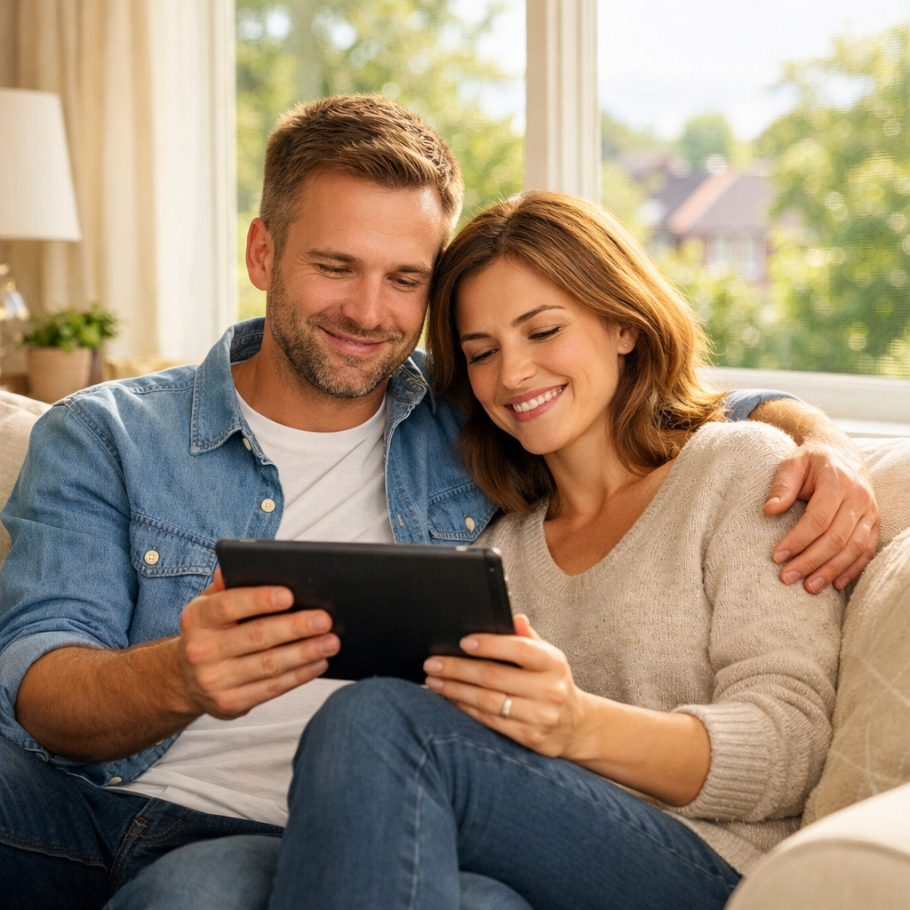 A relaxed Woking couple discussing stress-free remortgage options on a tablet in their living room.