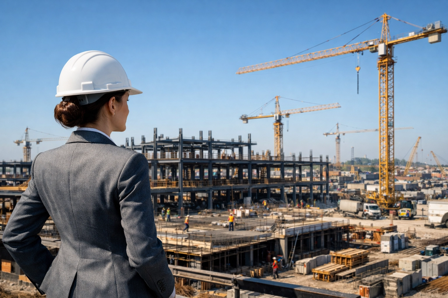 Professional overseeing large-scale construction project management services on an active building site.