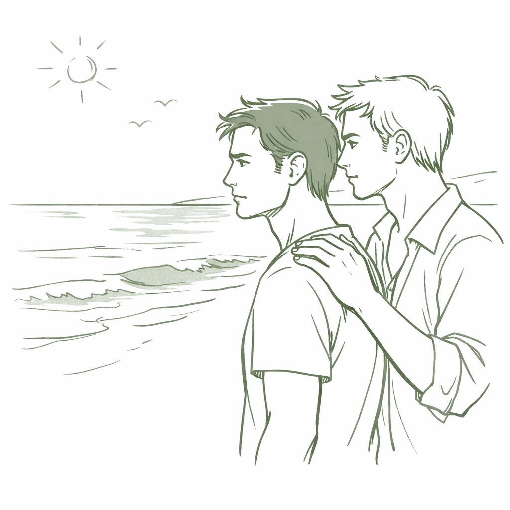 Two men on sunlit beach showing intimacy and tension in MM romance psychological thriller
