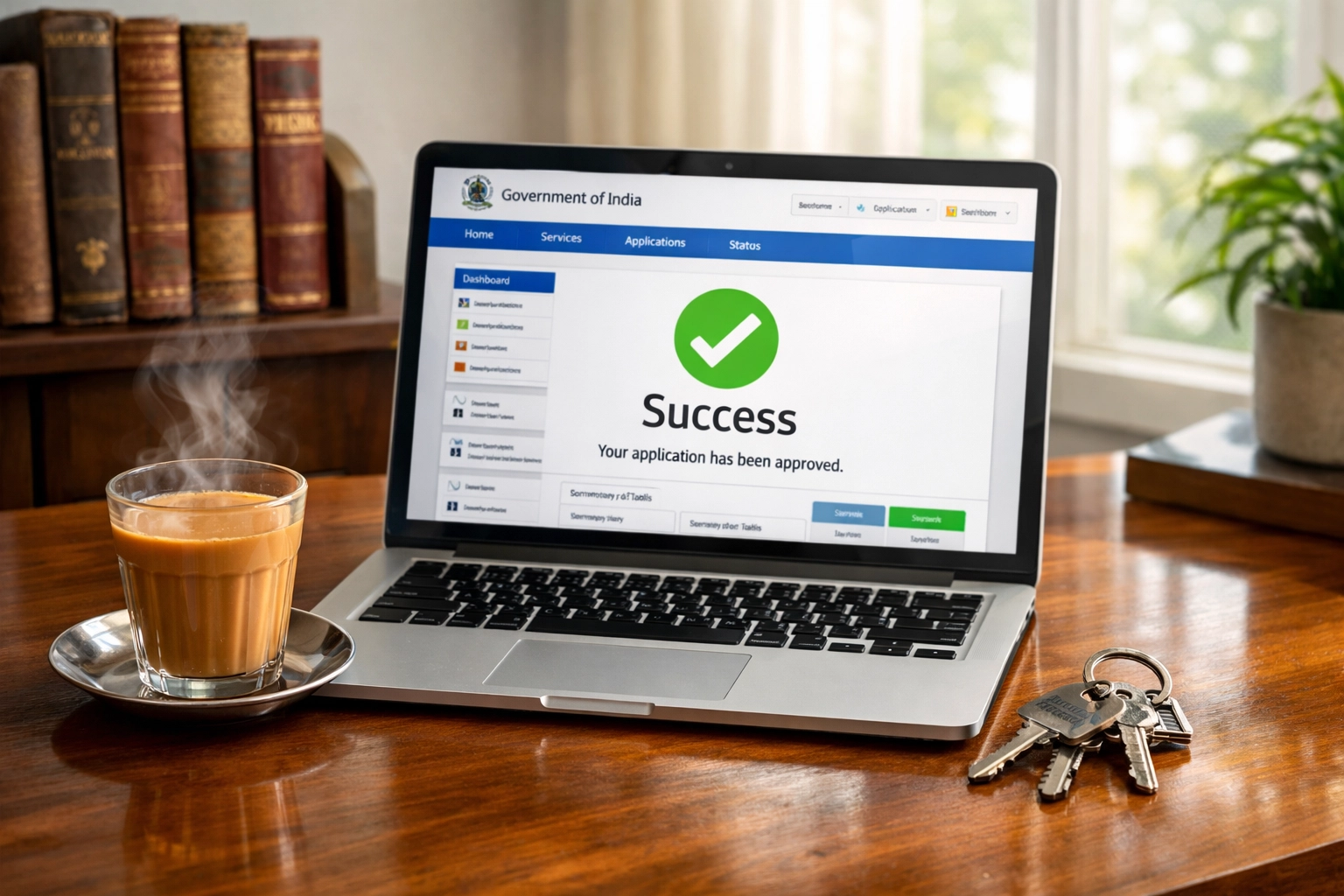 Digital property registration portal on a laptop with a green checkmark, signifying successful filing in India.