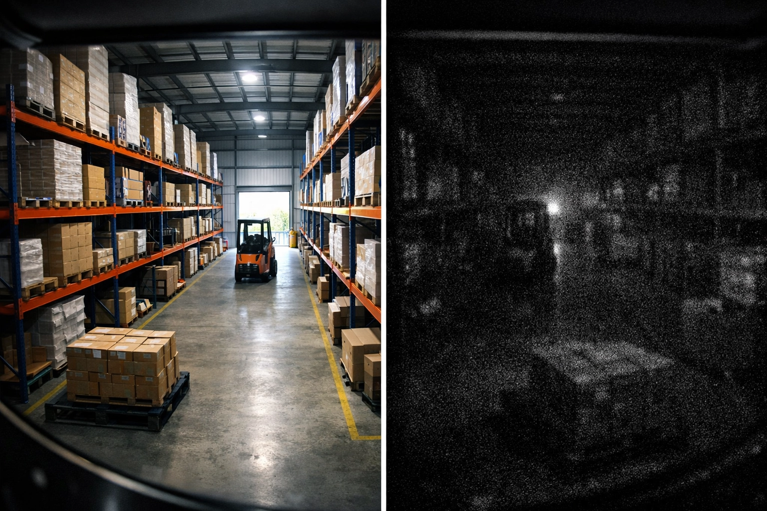 Comparison of clear daytime versus grainy nighttime surveillance footage showing lighting issues