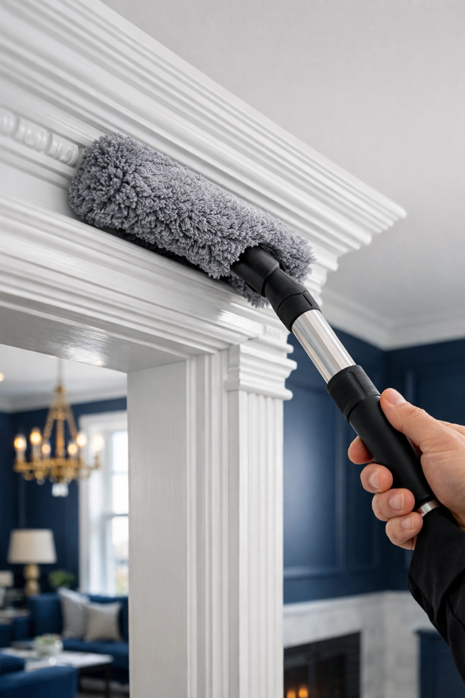 Professional apartment cleaning Boston experts dusting high door frames using a top-down method.
