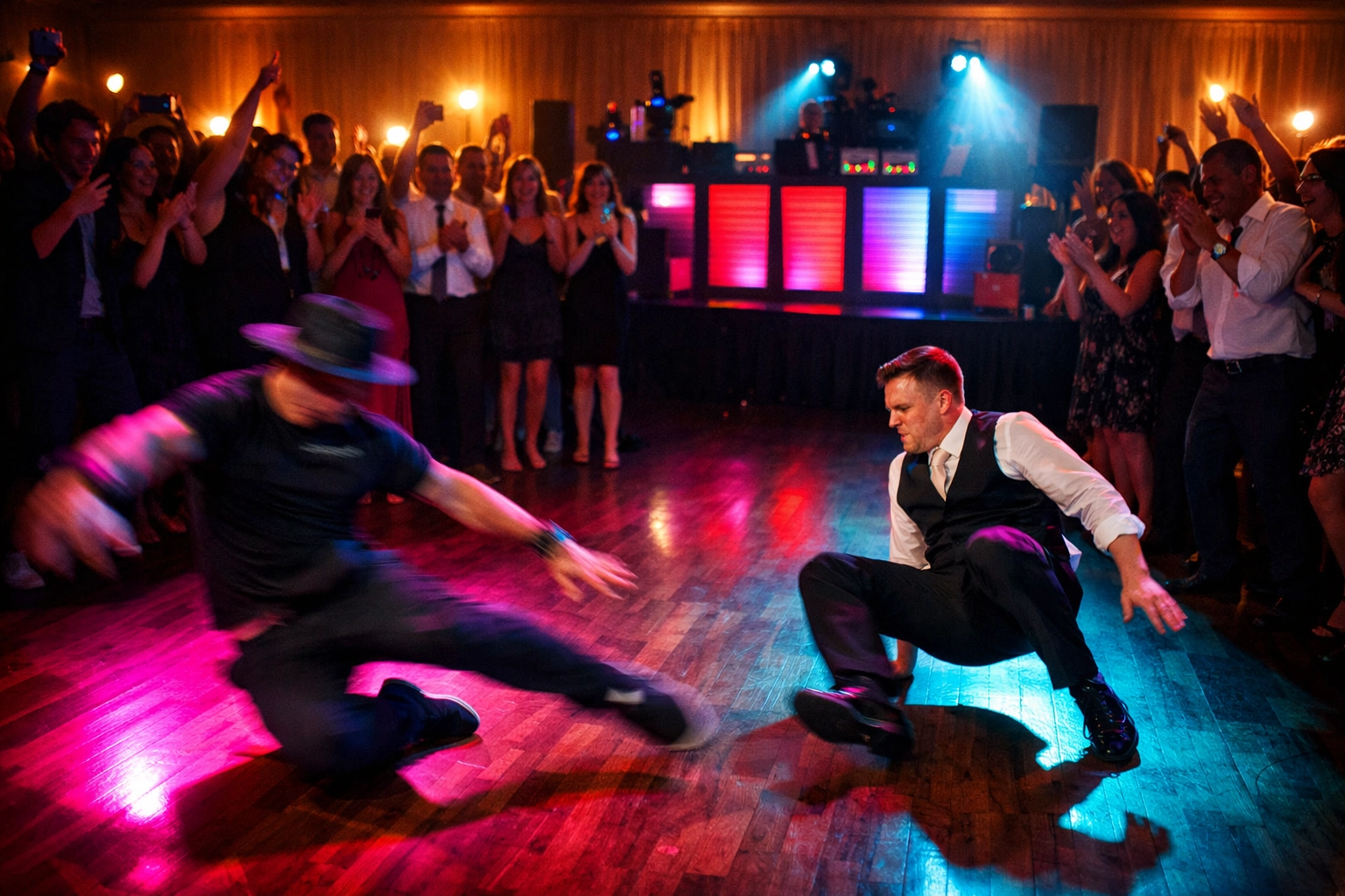 Wedding guests forming circle around dancers during interactive dance performance at reception