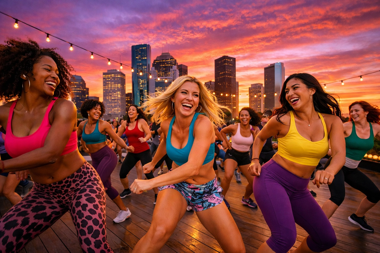 Women enjoying a high-energy dance fitness class on a Houston rooftop at sunset.
