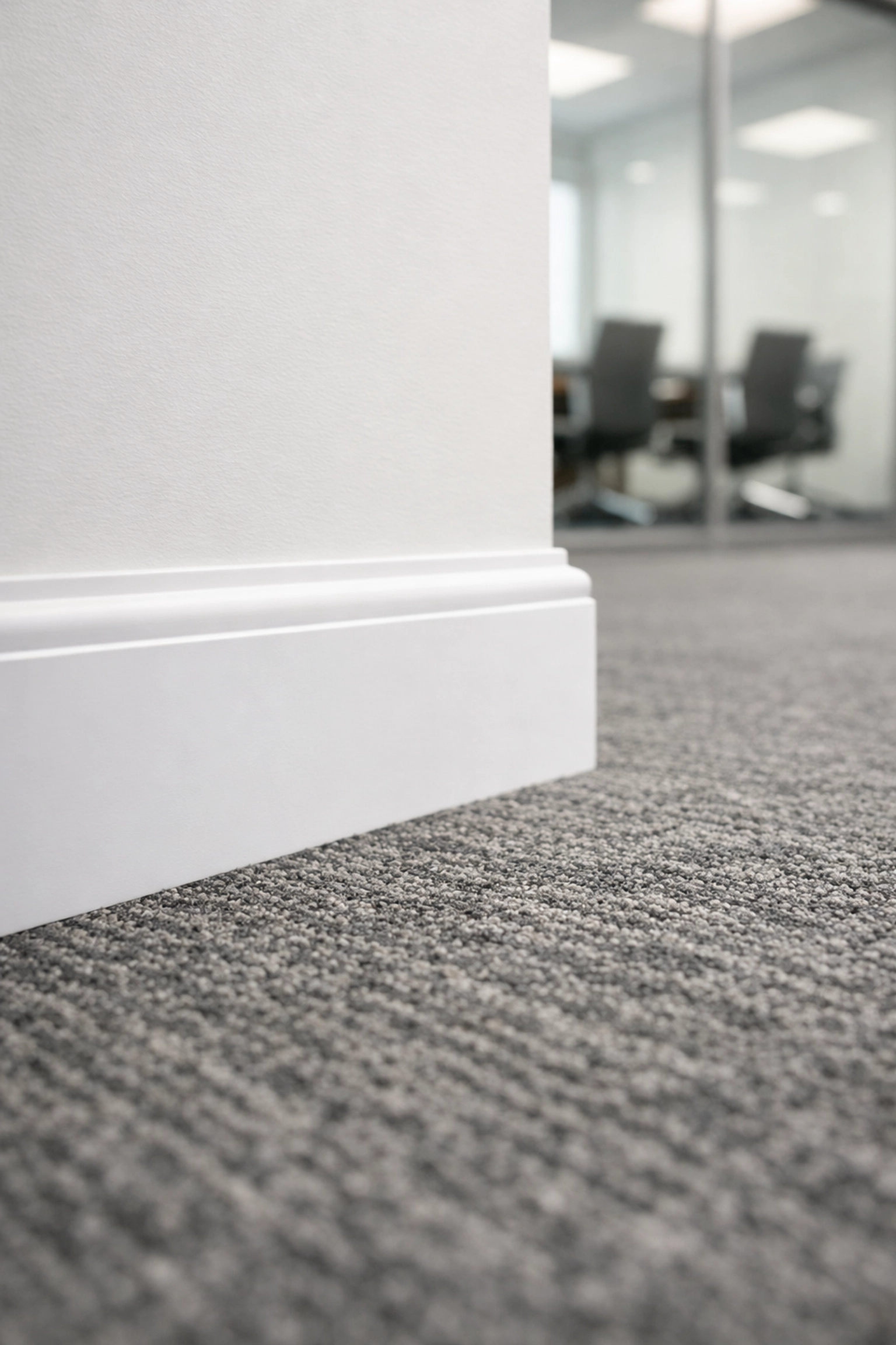 Clean office carpet and baseboards in an Indianapolis suite, demonstrating detailed professional cleaning standards.