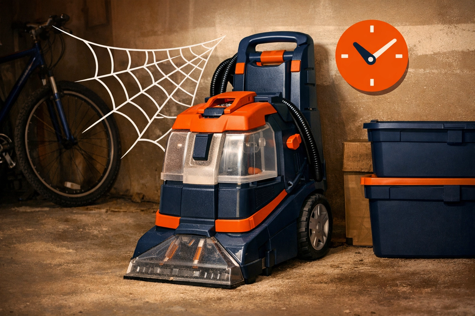 Neglected carpet cleaner taking up space in a garage, representing the hidden cost of home ownership.