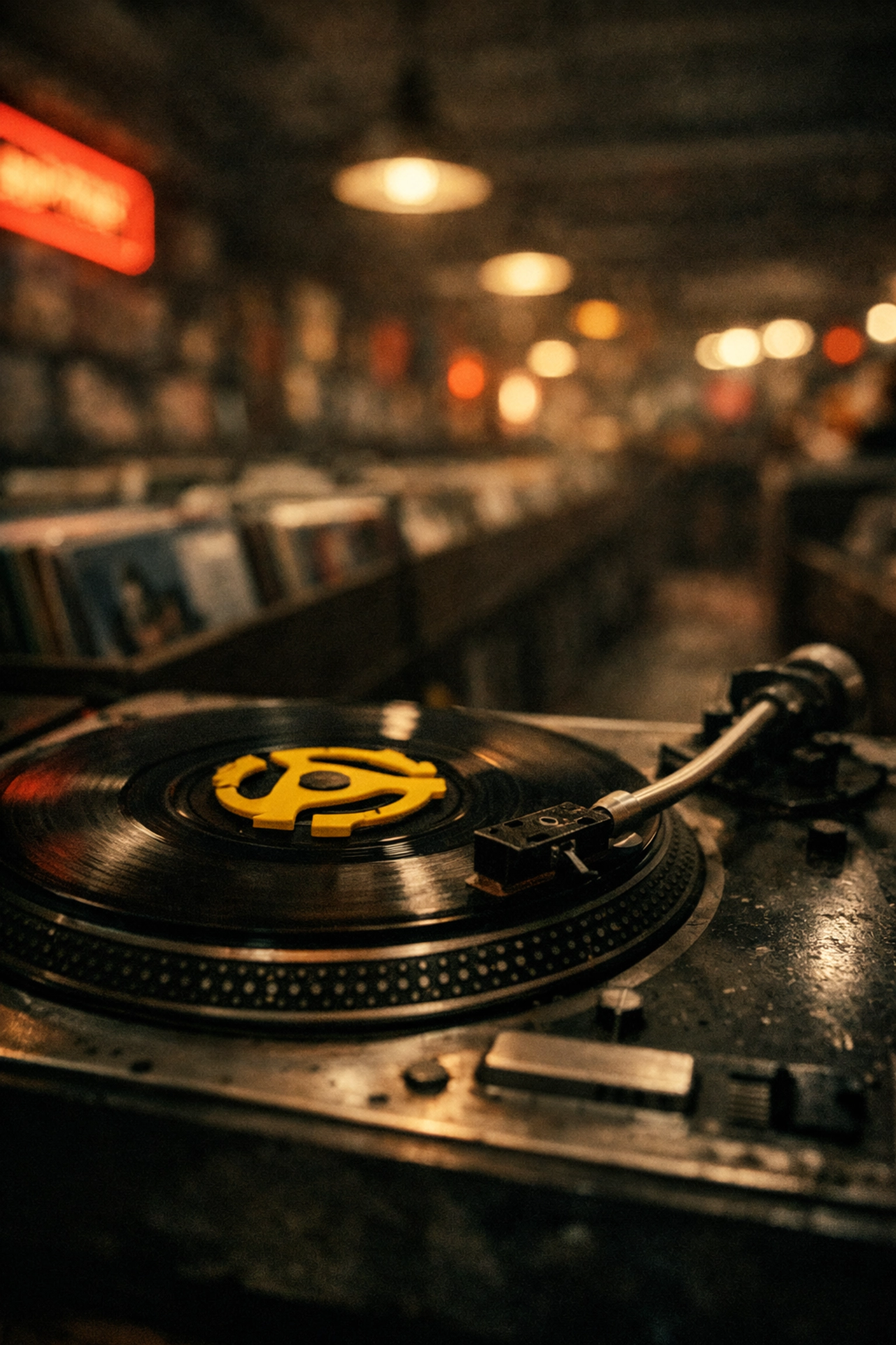 Close-up of a 45 RPM 7-inch single on a turntable at our Pico or Hollywood record store.