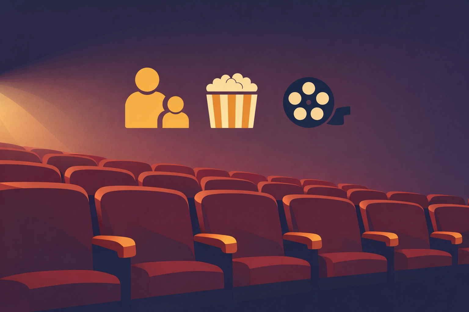 Family-friendly Christian movie theater experience with parents and children viewing together
