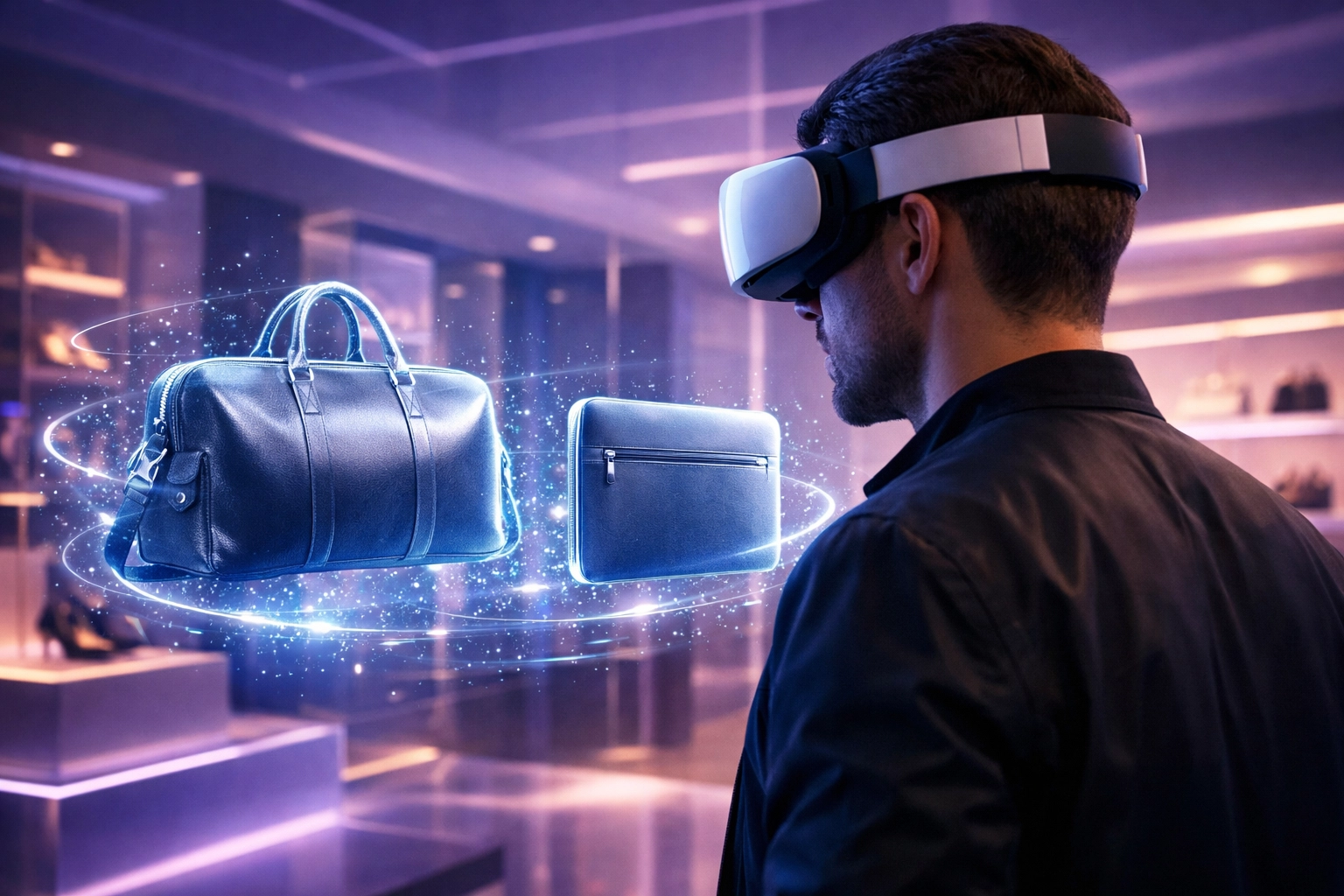 AI-powered personalized Web3 shopping experience with holographic product displays in a virtual store.