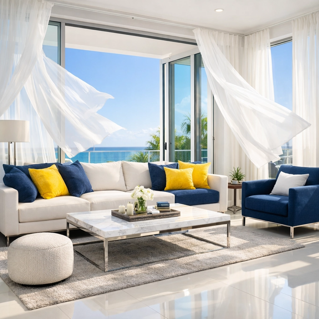 Sunlit living room with open windows creating fresh air circulation to clear new flooring smells.