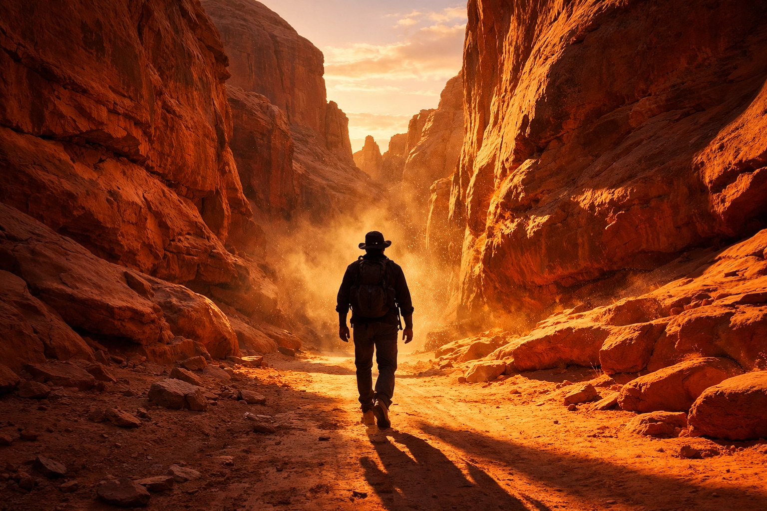 Lone traveler walking through Painted Desert red rock canyons on spiritual pilgrimage