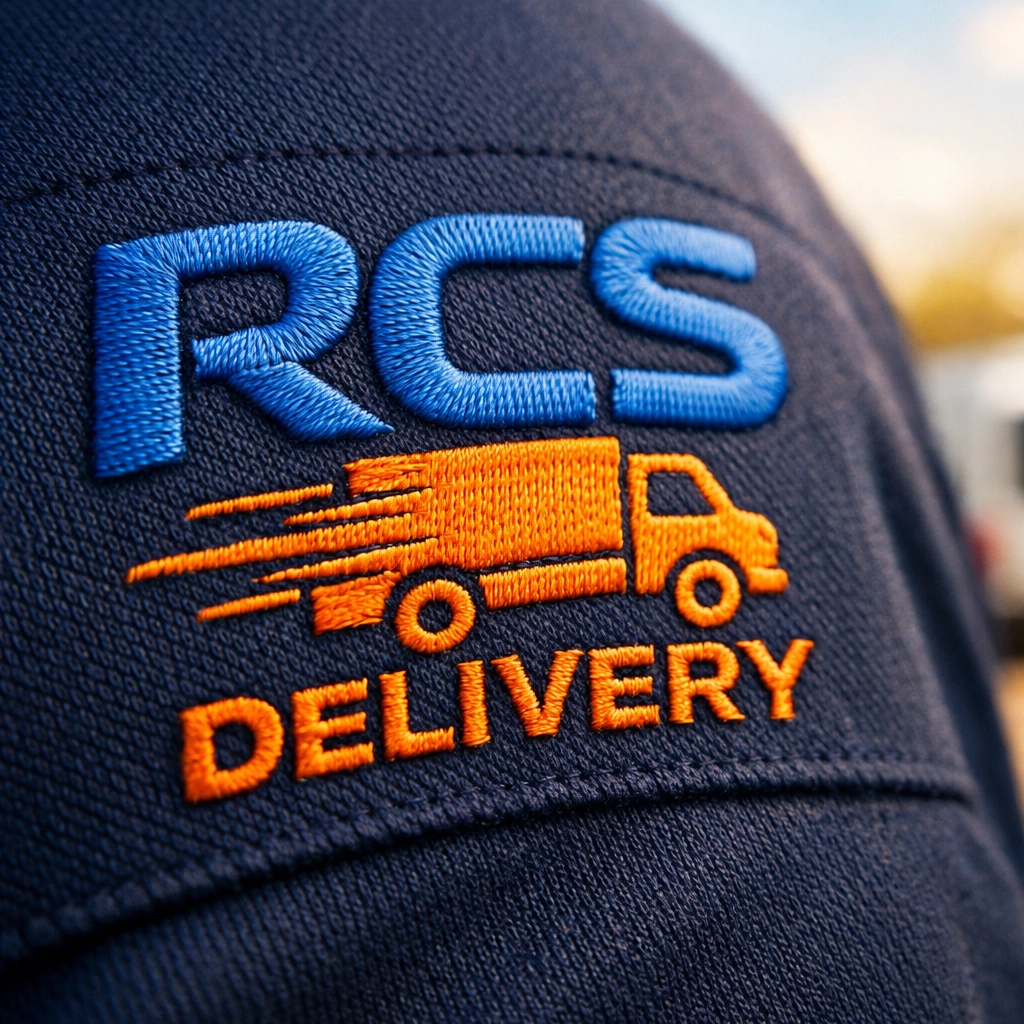 Close-up of the RCS Delivery logo on a professional courier's uniform.