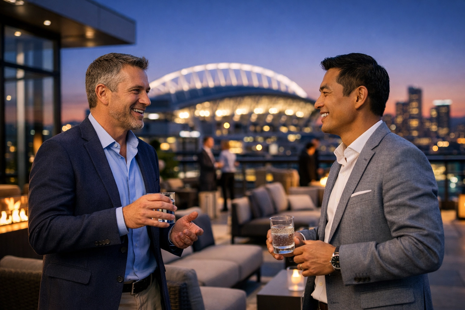 Executives networking at a rooftop corporate lounge overlooking a Super Bowl stadium at sunset.
