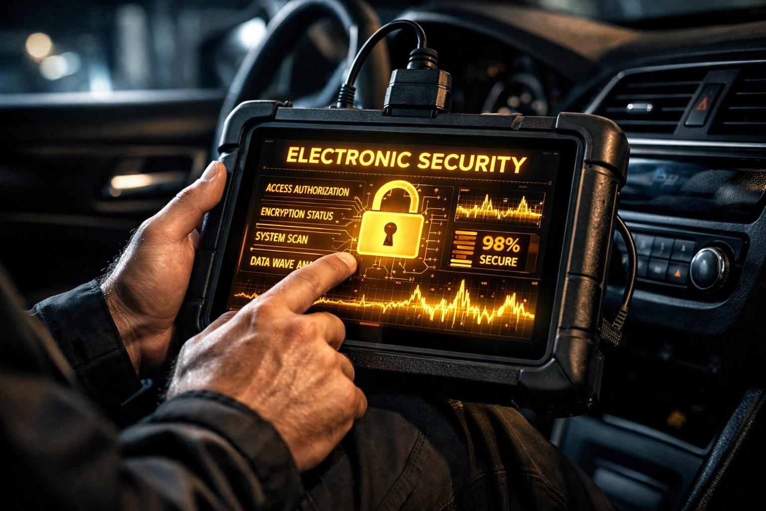 Locksmith technician using a high-tech tablet to program a car engine immobilizer system.