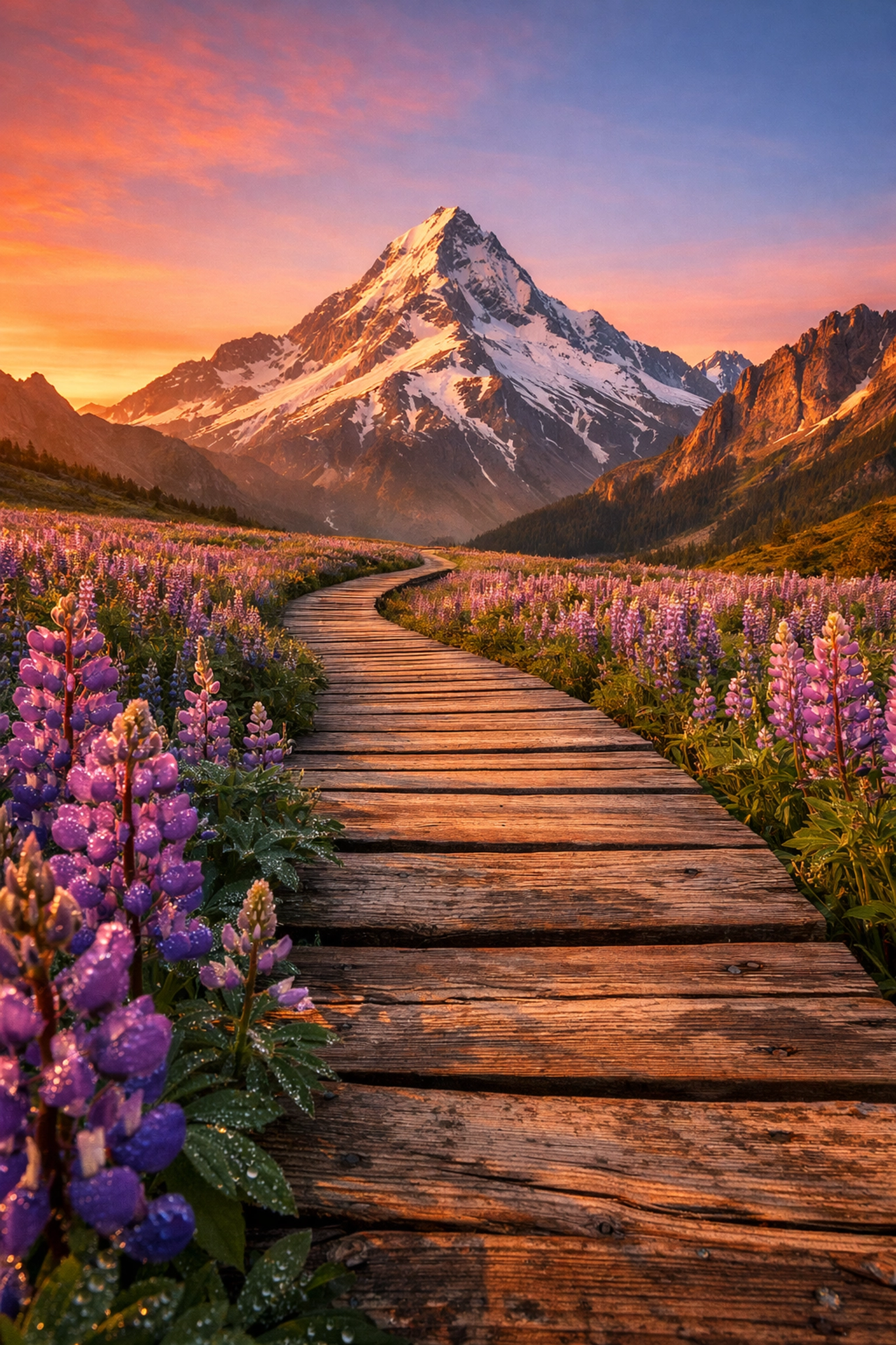 Winding boardwalk through lupine flowers at golden hour, a perfect example of leading lines in landscape photography.