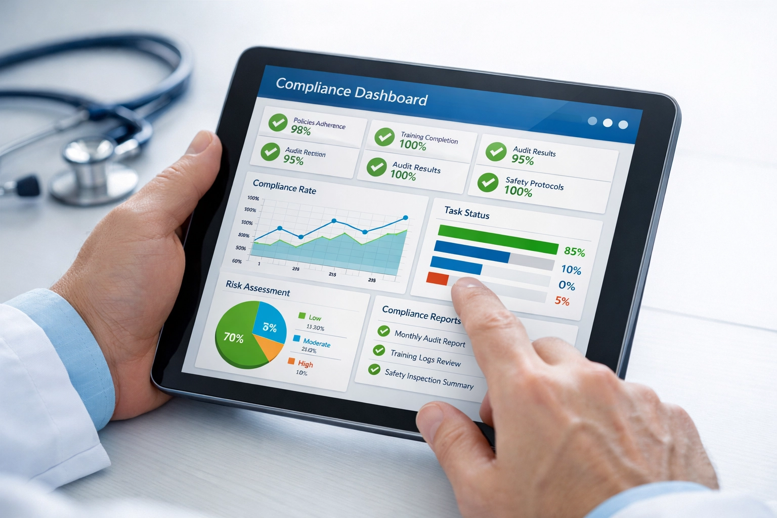 Healthcare compliance dashboard with validation checkmarks on medical tablet
